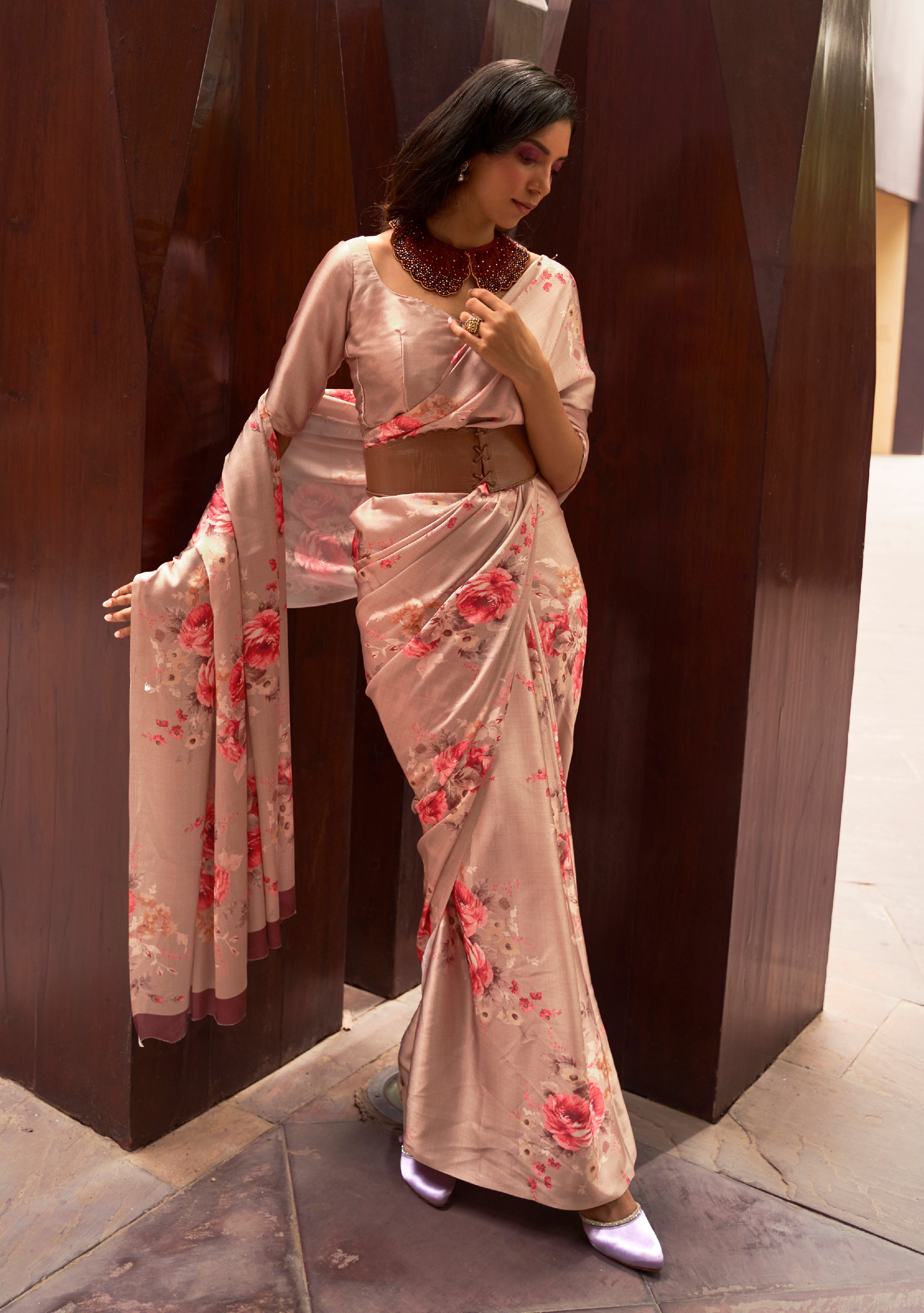 Pale Copper Satin Crepe  Saree With Digital Printed Work
