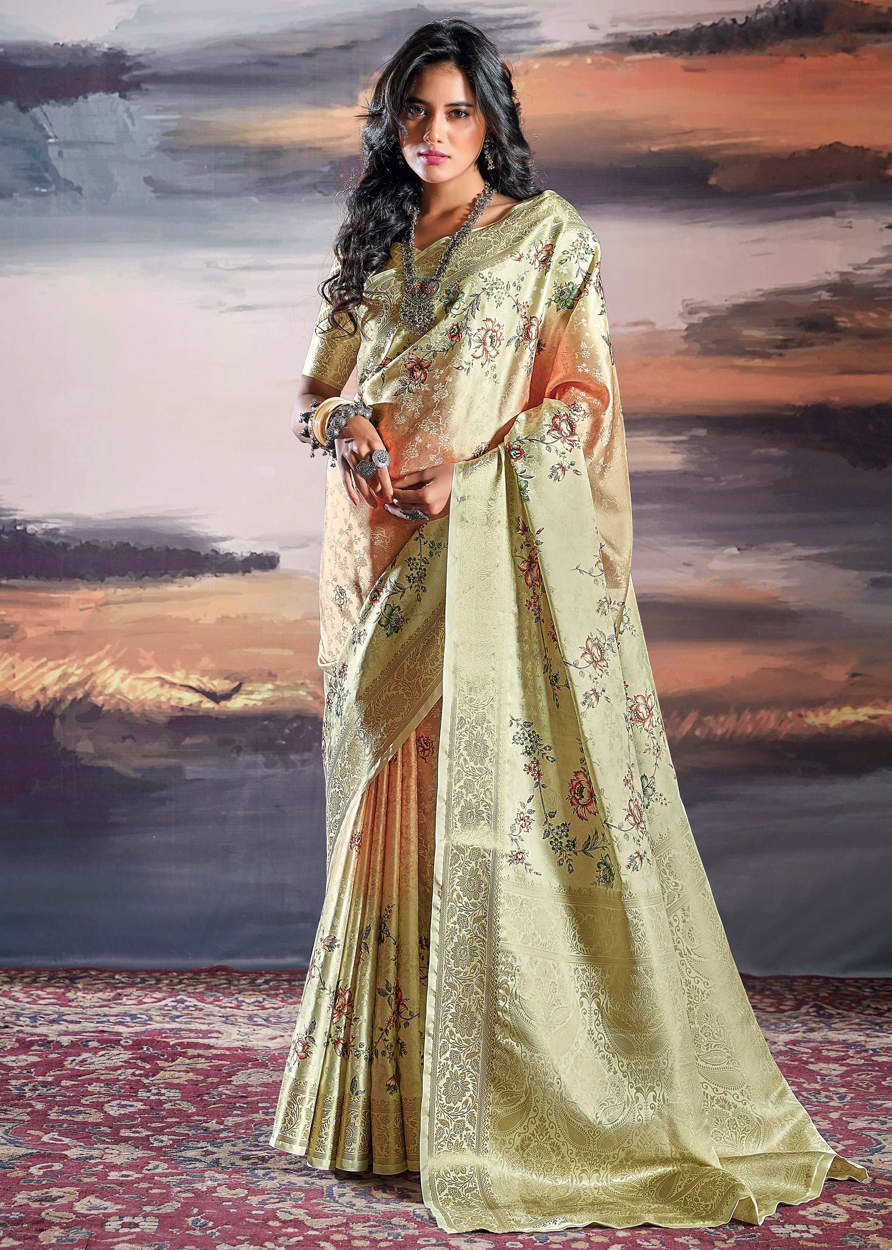 Pale Yellow and Peach Saree With Jacquard Woven Work With Digital Print