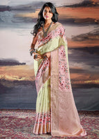 Pale Yellow and Pink Saree With Jacquard Woven Work With Digital Print