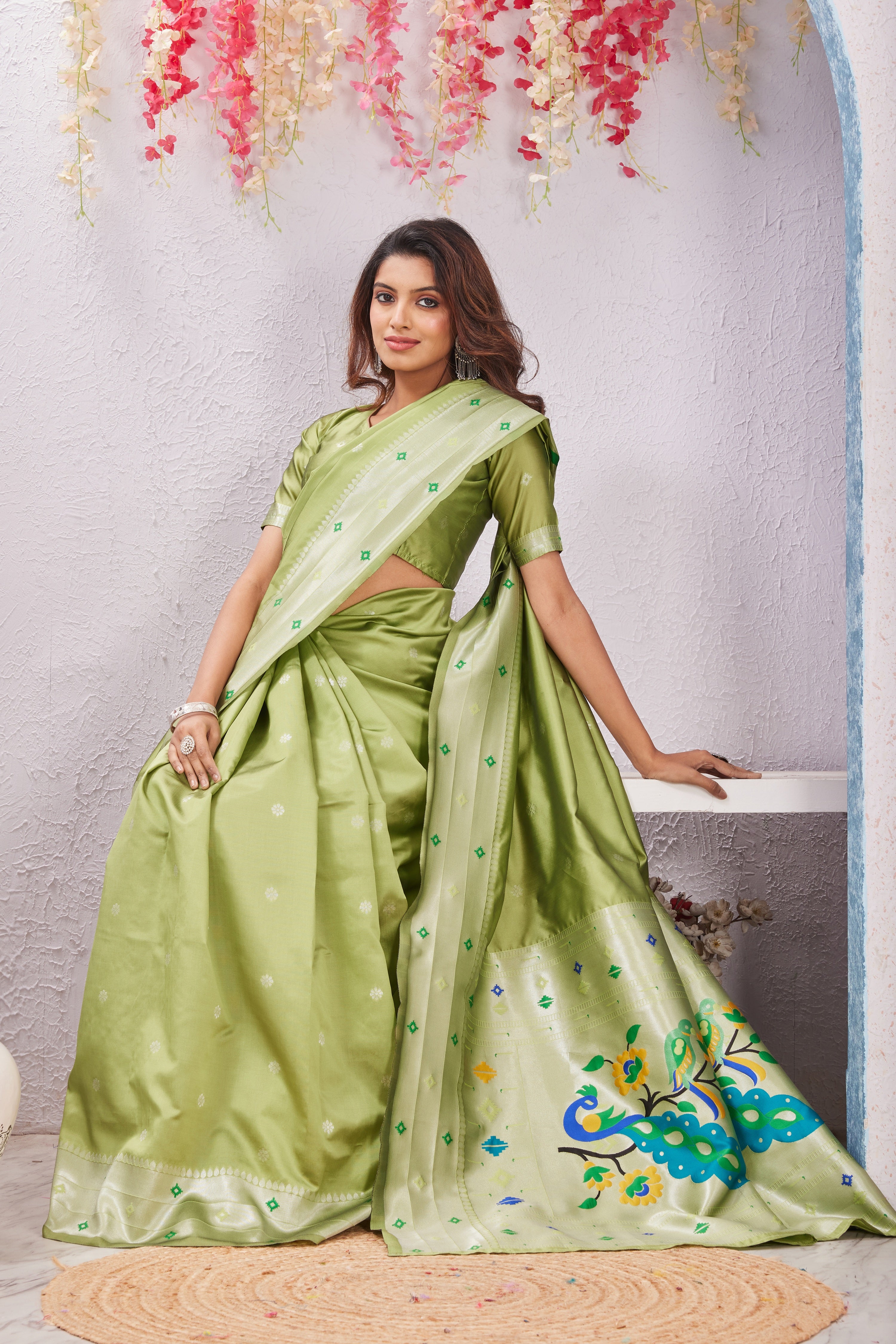 Parrot Banarasi Silk Saree with Peacock Motif, Rich Pallu & Jacquard Jari Work