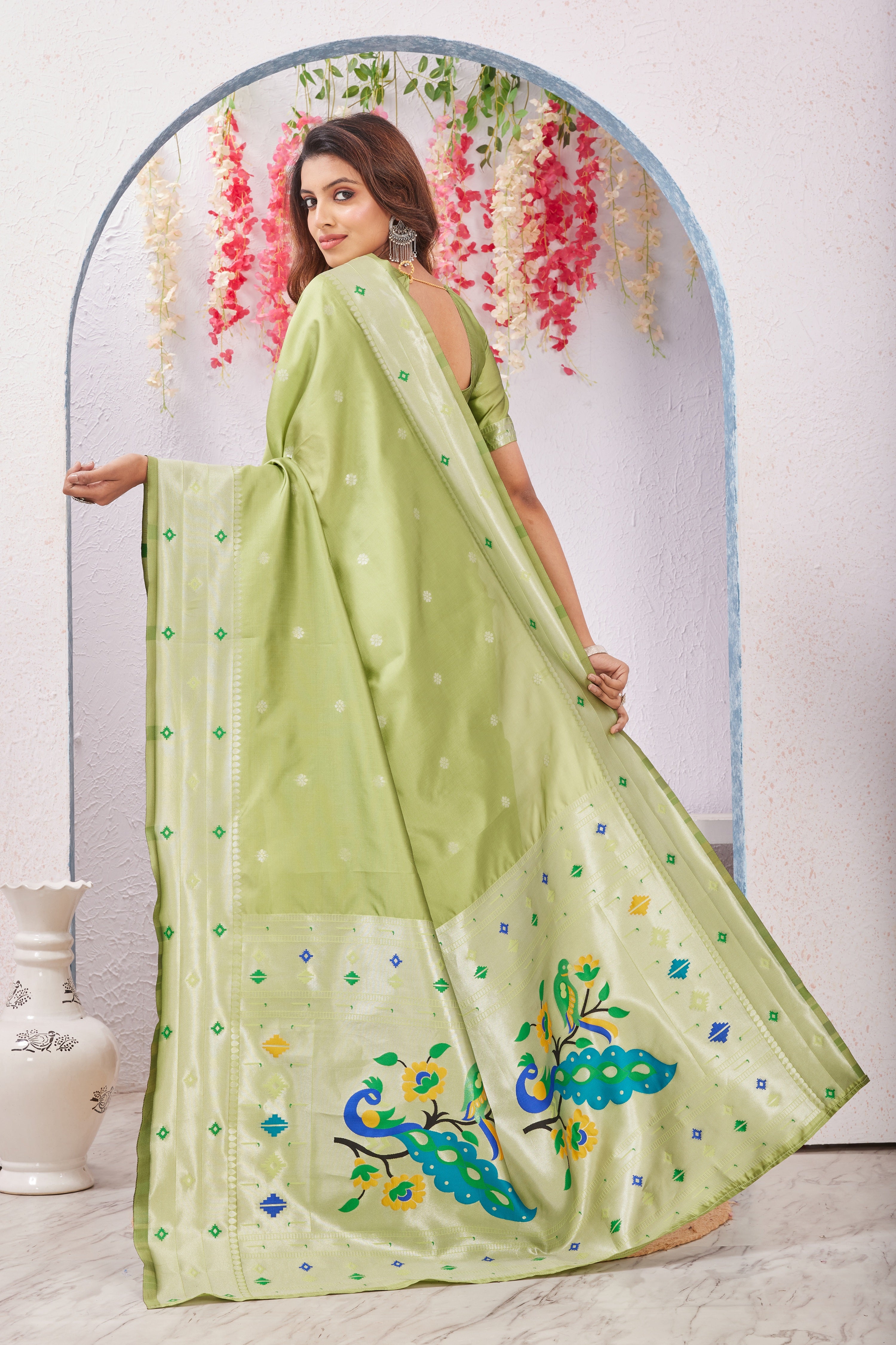 Parrot Banarasi Silk Saree with Peacock Motif, Rich Pallu & Jacquard Jari Work
