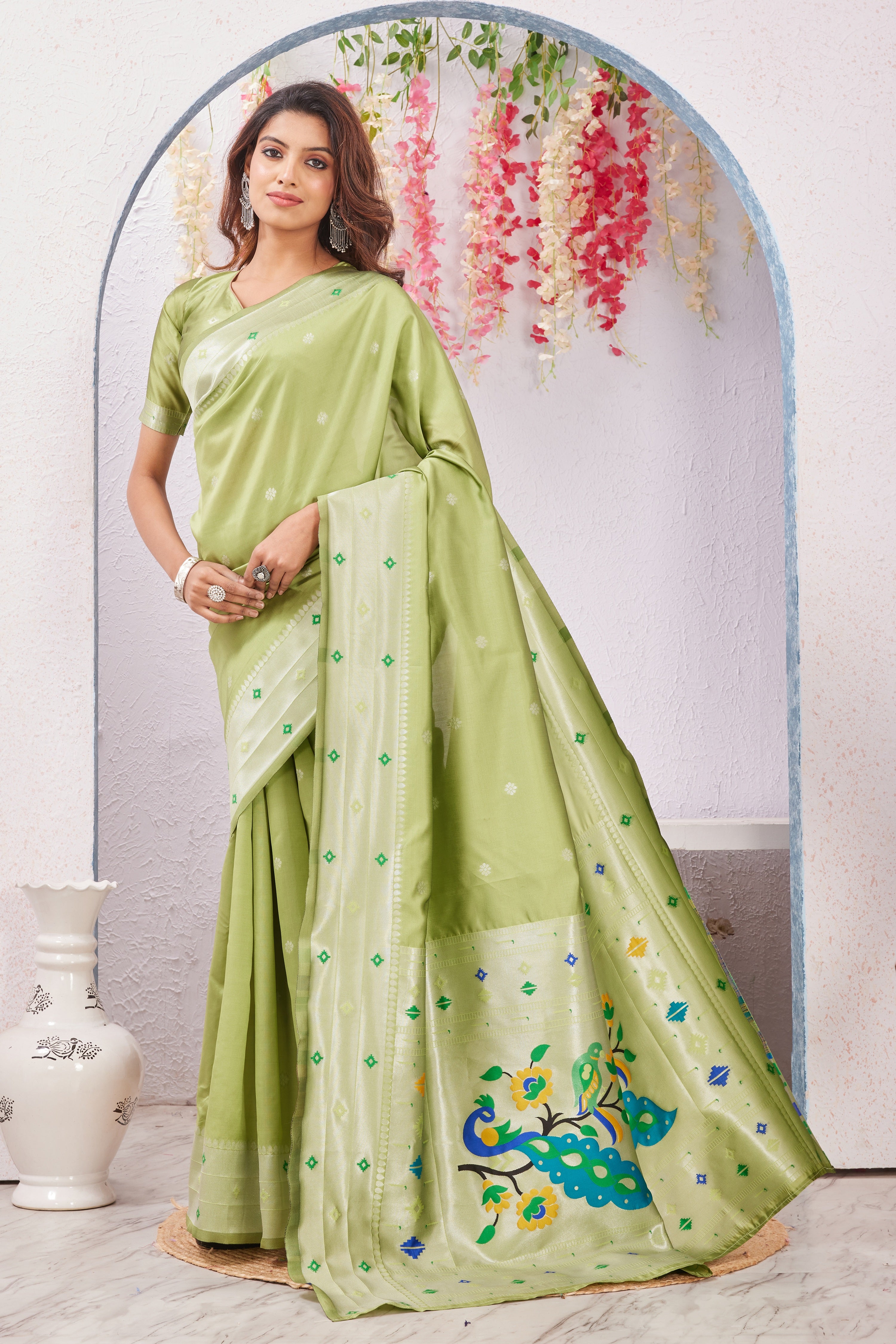Parrot Banarasi Silk Saree with Peacock Motif, Rich Pallu & Jacquard Jari Work