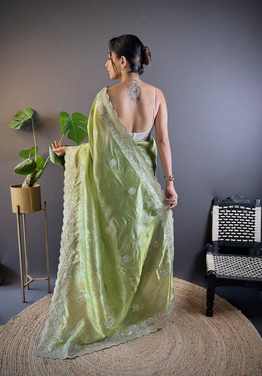 Parrot Colour Gold Crush Embroidery Work Saree