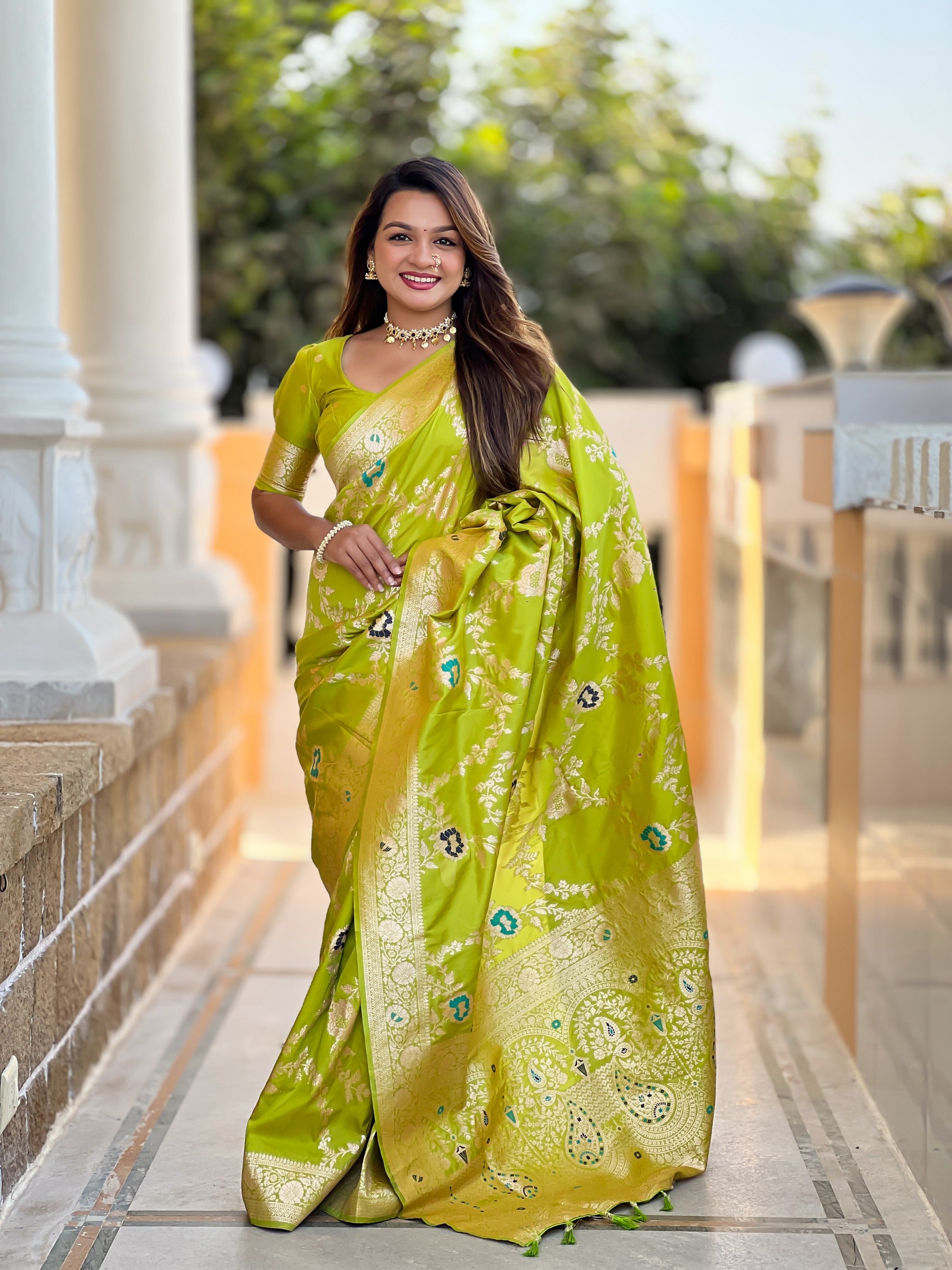 Parrot Green Banarasi Silk Saree With Traditional Woven Meenakari Designer Traditional Looks