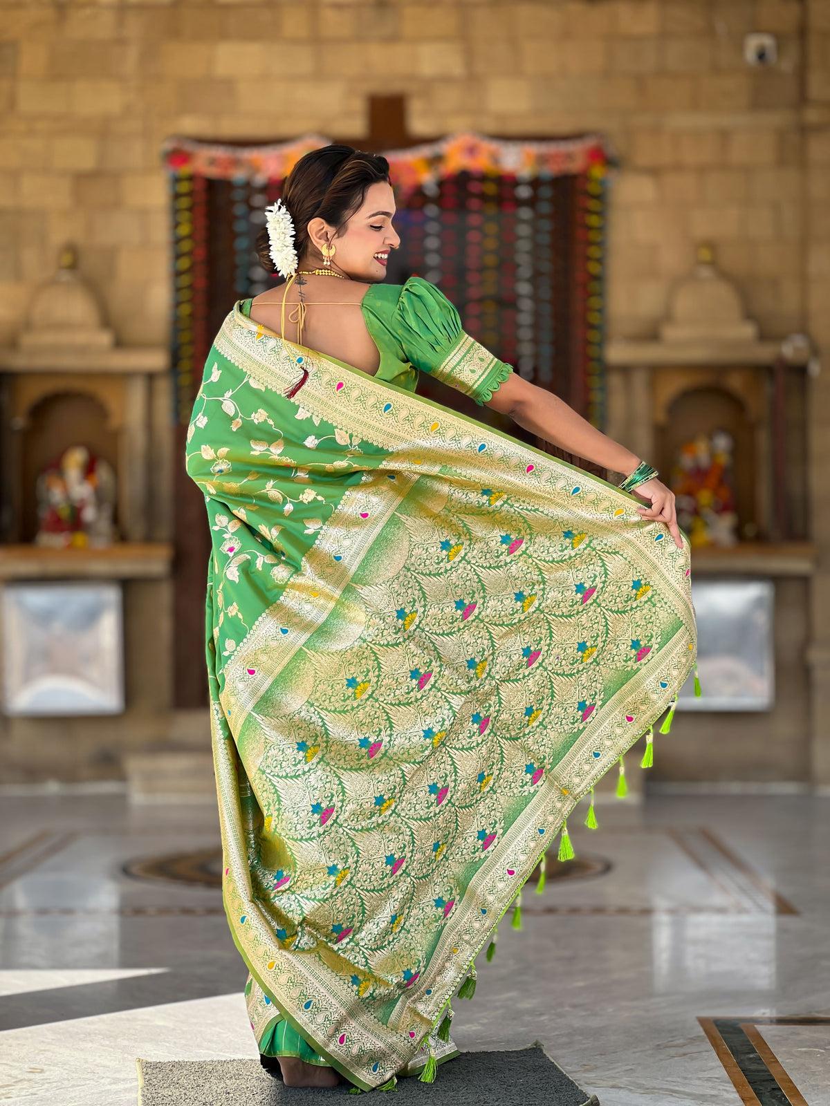 Parrot Green Banarasi Silk Woven Jacquard Designer Ceremonial Partywear Saree