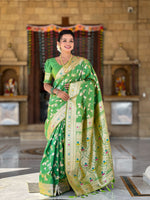Parrot Green Banarasi Silk Woven Jacquard Designer Ceremonial Partywear Saree