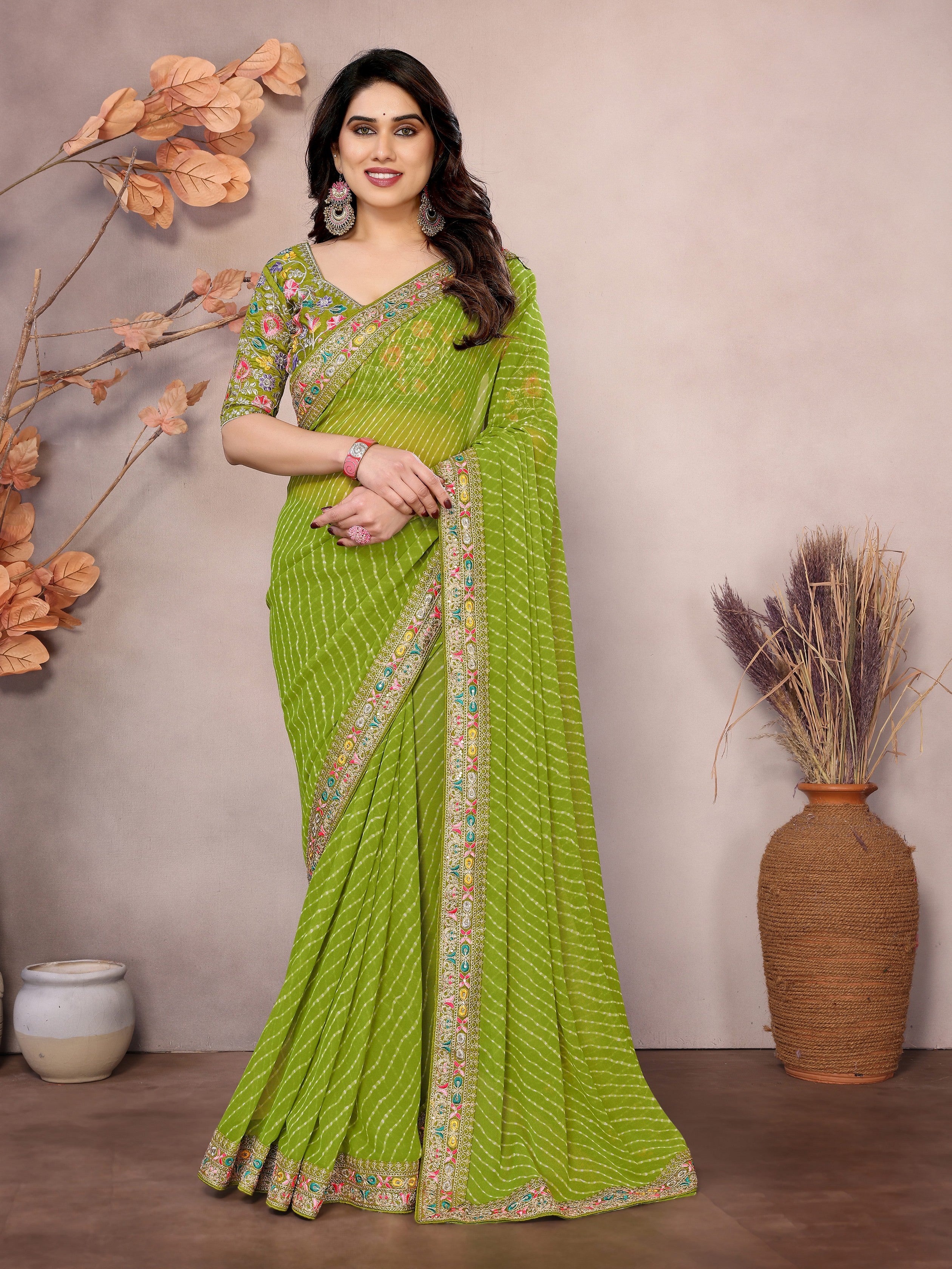 Parrot Green Georgette Designer Embroidered Traditional Leheria Saree