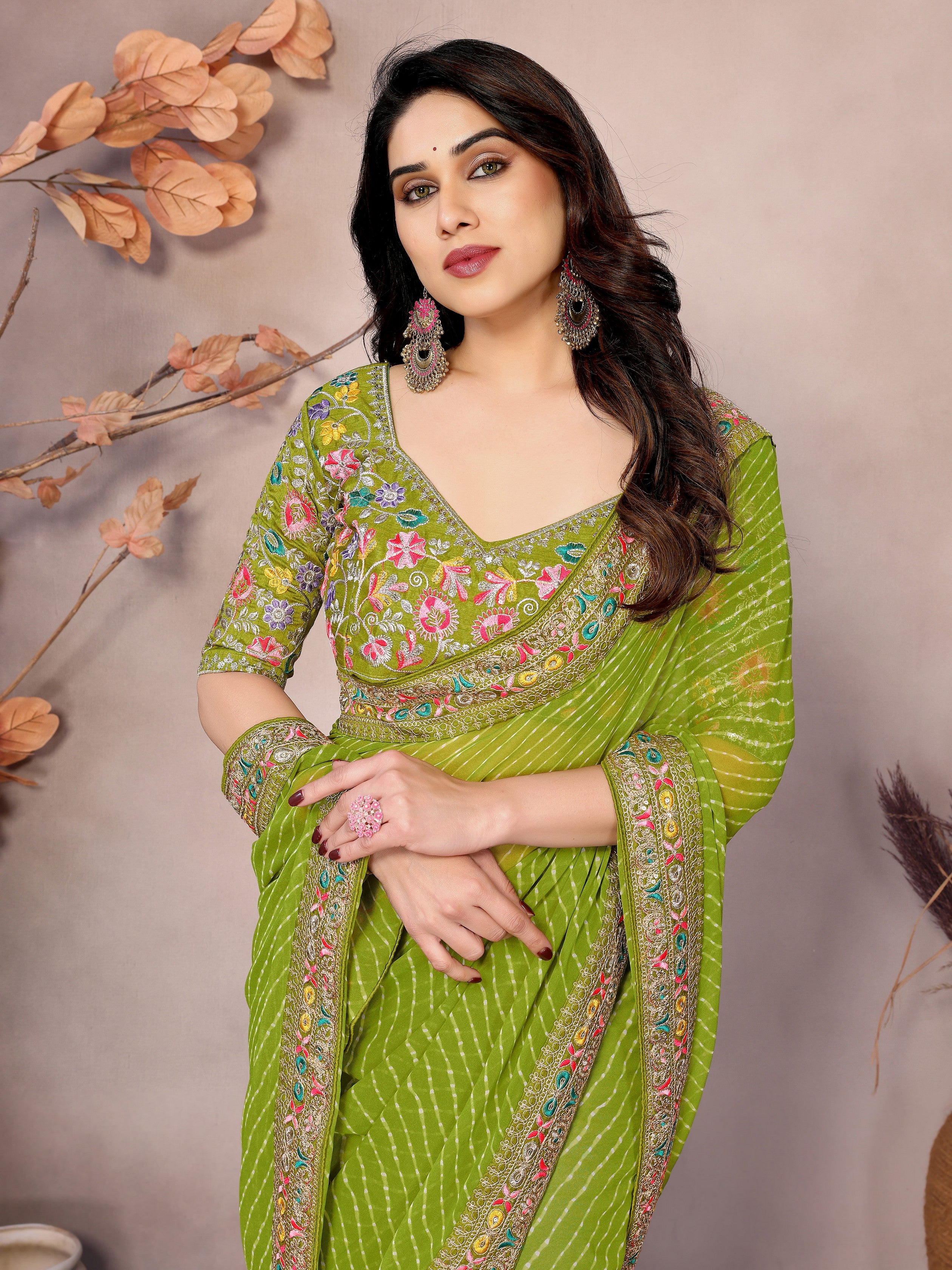 Parrot Green Georgette Designer Embroidered Traditional Leheria Saree
