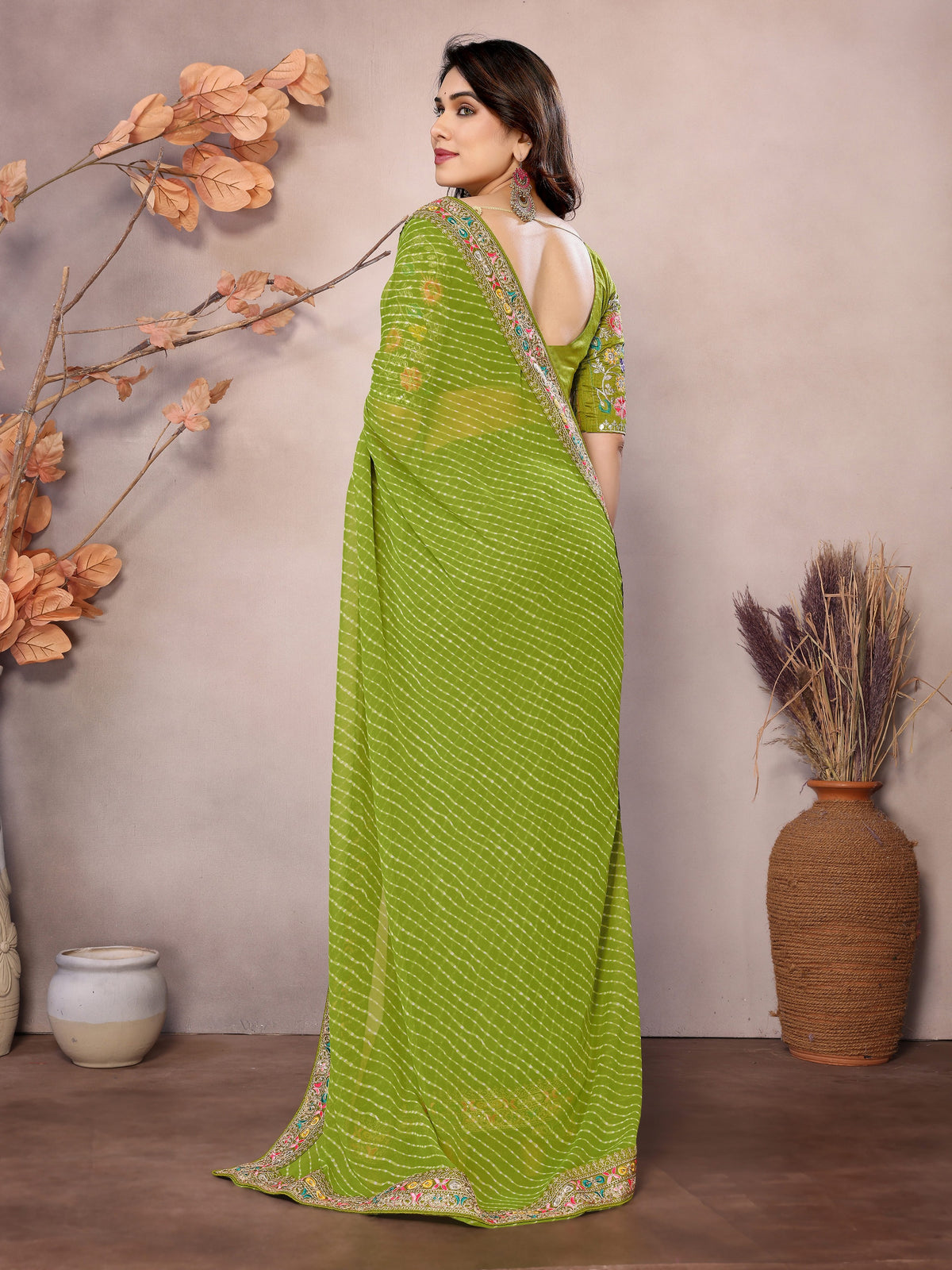 Parrot Green Georgette Designer Embroidered Traditional Leheria Saree