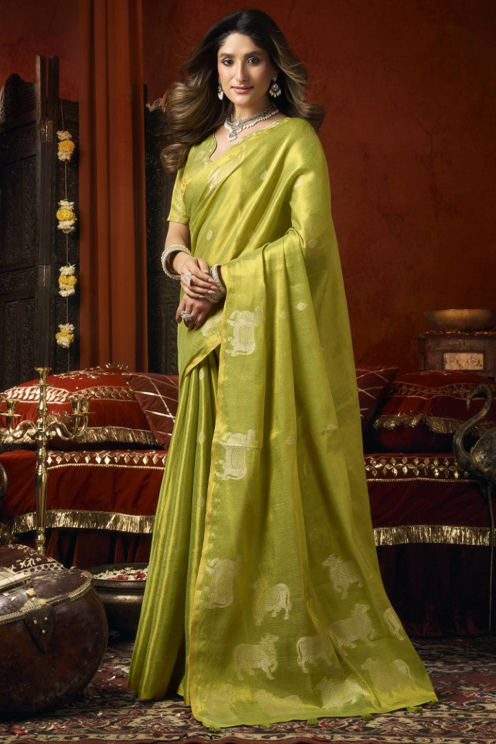 Parrot Green Heavy Tissue Saree with Rich Woven Butta Work