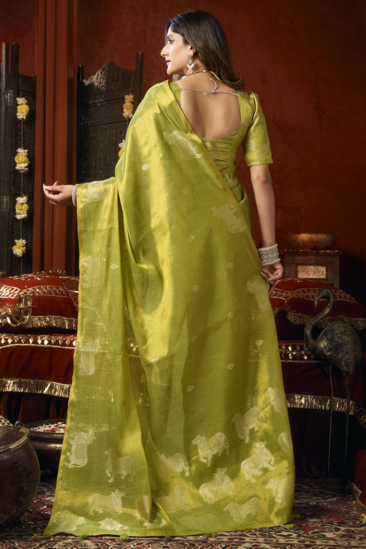 Parrot Green Heavy Tissue Saree with Rich Woven Butta Work