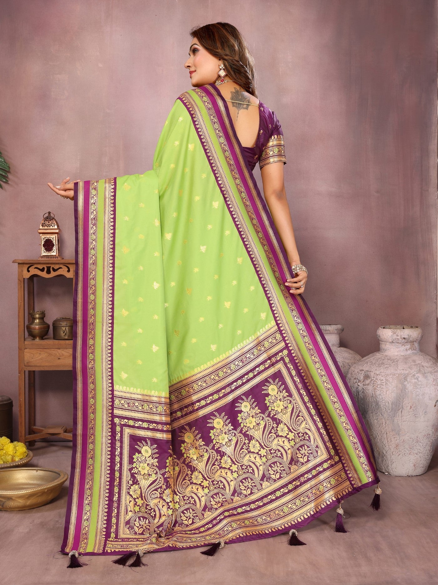 Parrot Green Kalamkari Silk Saree With Traditional Weaving