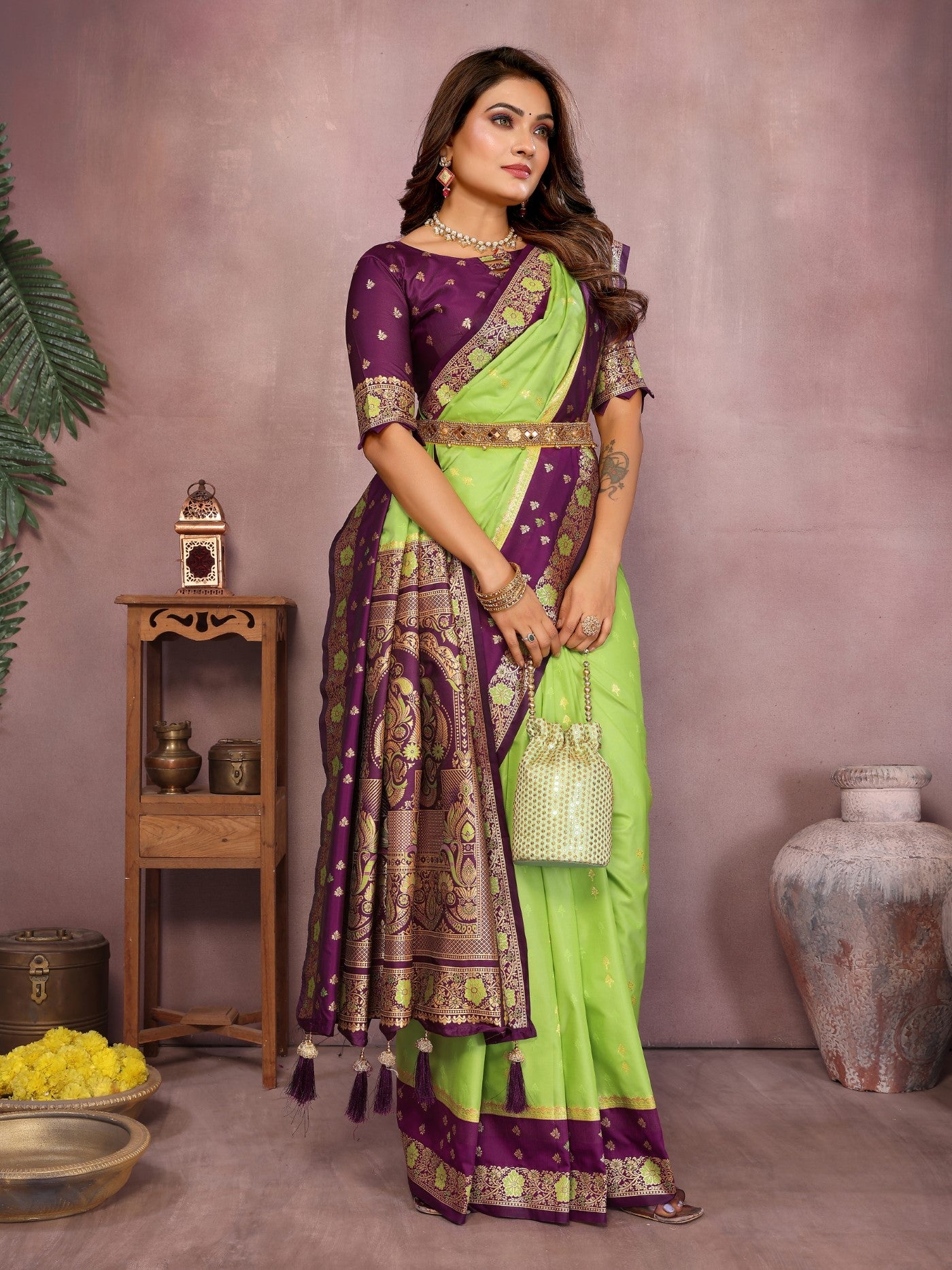 Parrot Green Kalamkari Silk Saree With Zari Woven