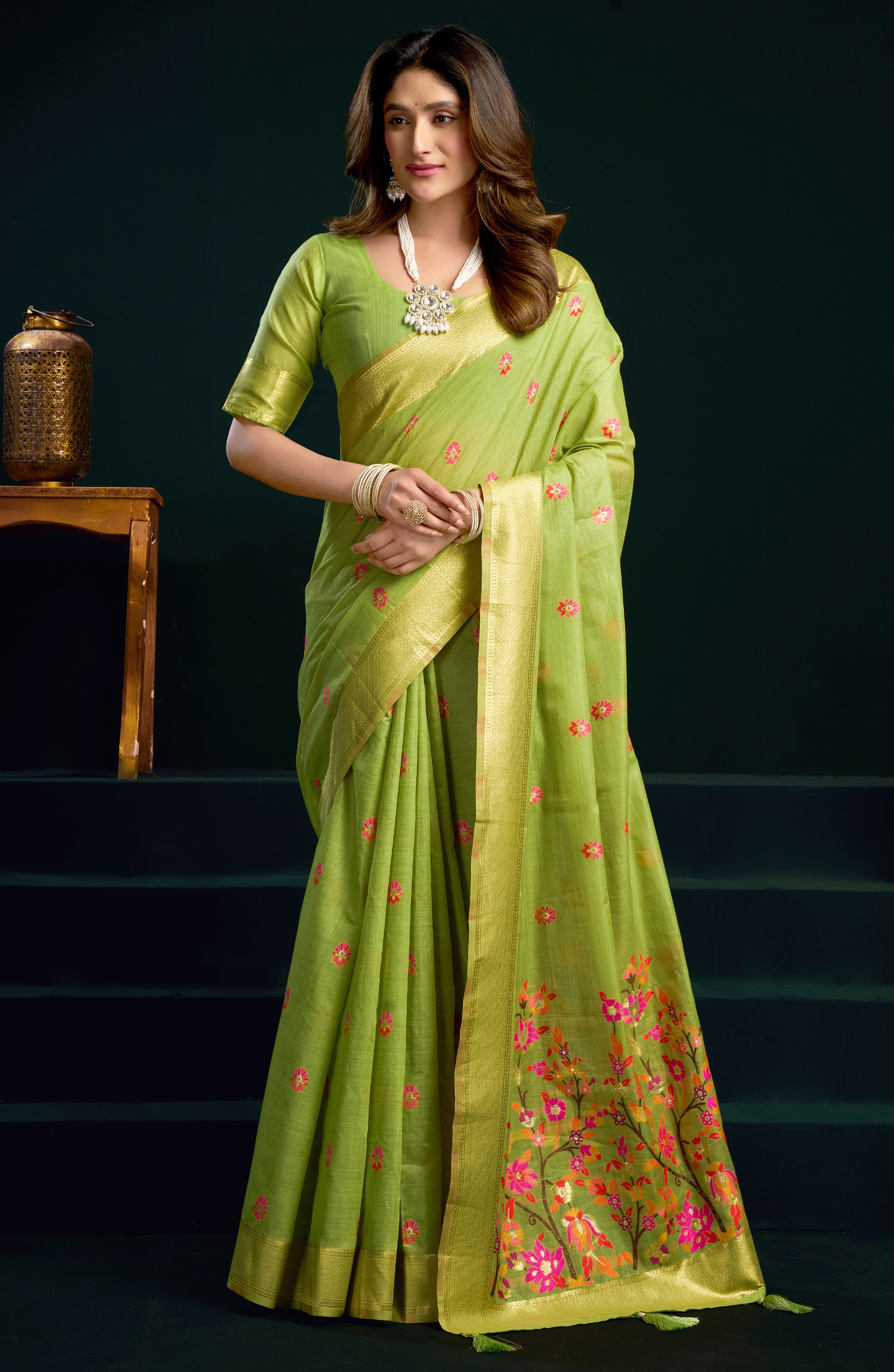 Parrot Green Munga Cotton Saree with Designer Jari Border Work