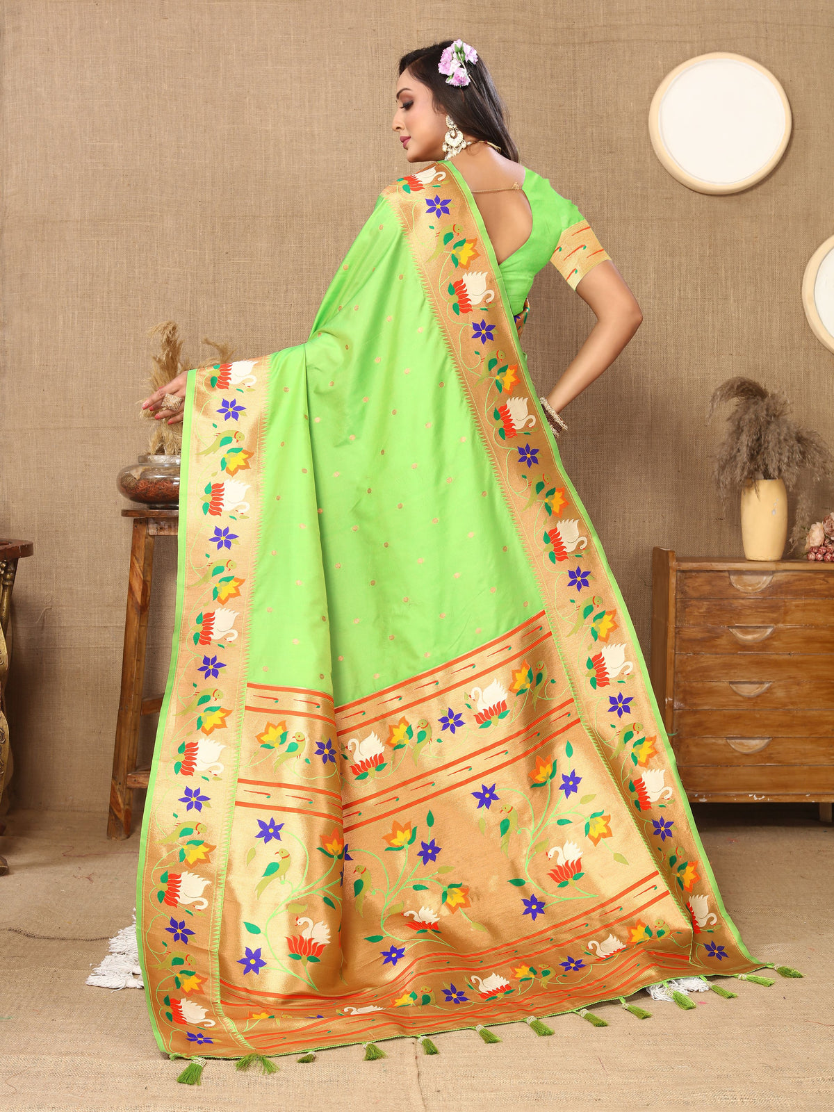 Parrot Green Paithani Silk Woven Meenakari Paithani Designer Ethnic Heavy Looks Saree