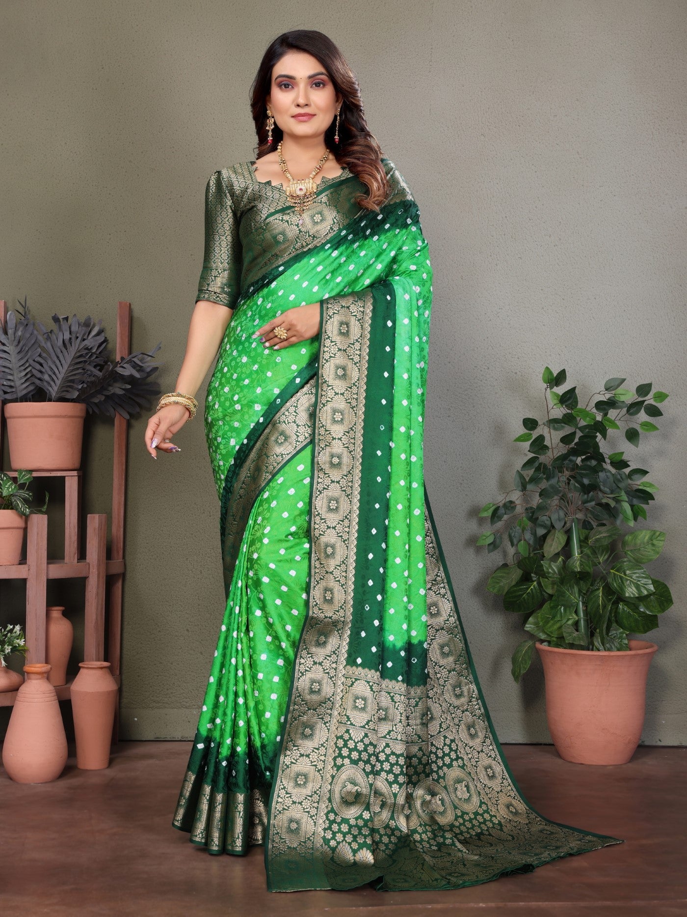 Parrot Green Satin Silk Saree With Classic Bandhej Zari Weaving