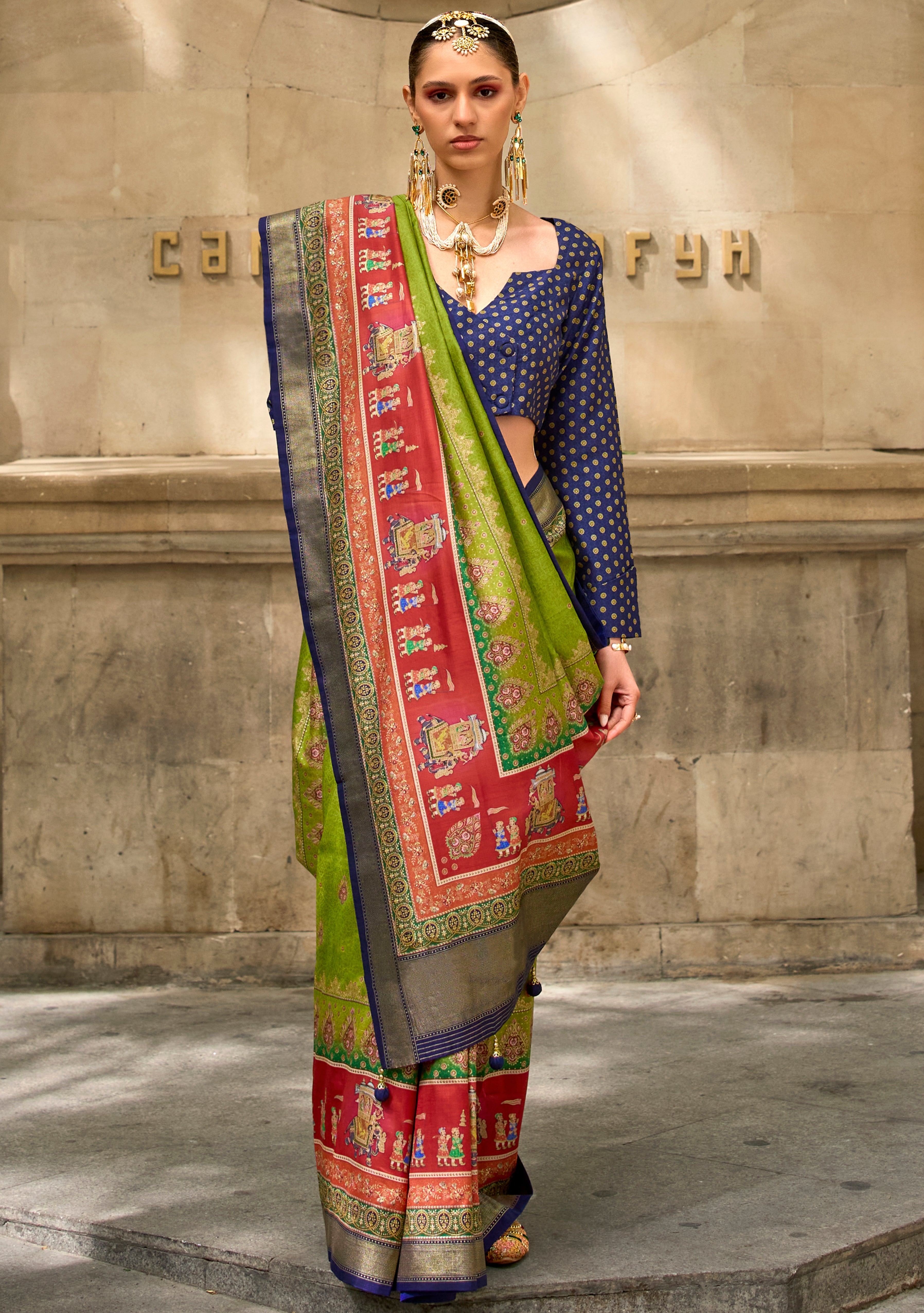 Parrot Green Silk Saree With  Foil Print