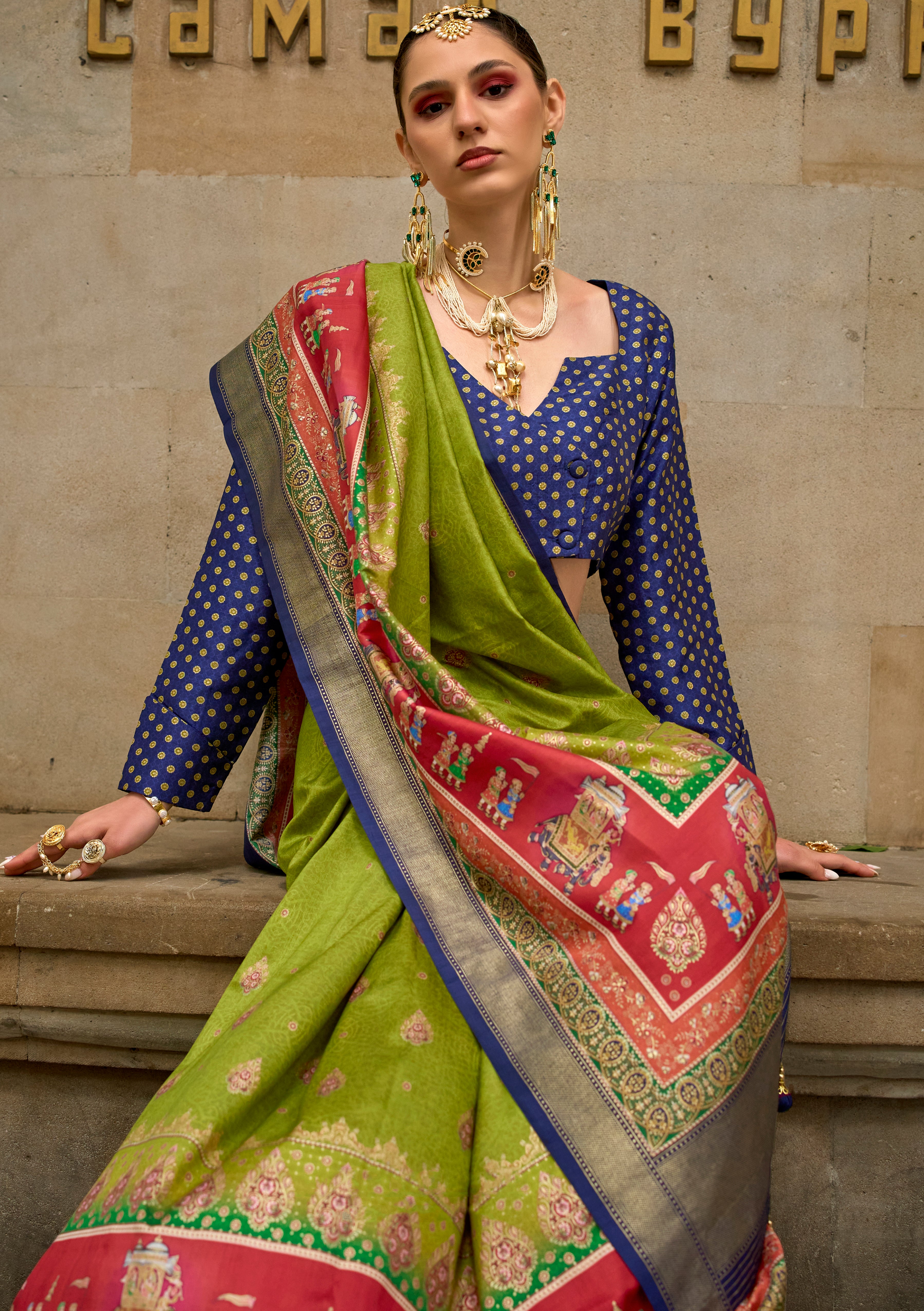 Parrot Green Silk Saree With  Foil Print