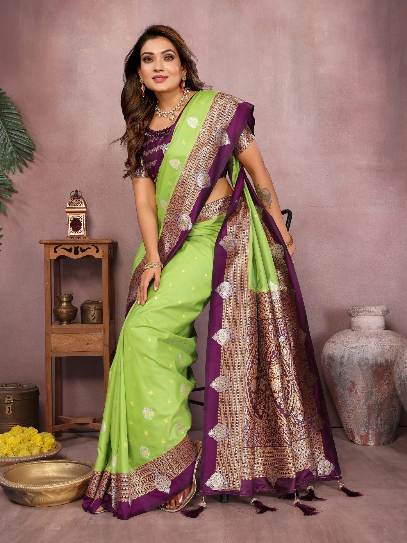 Parrot Green Silk Sarees Saree With Traditional Weaving
