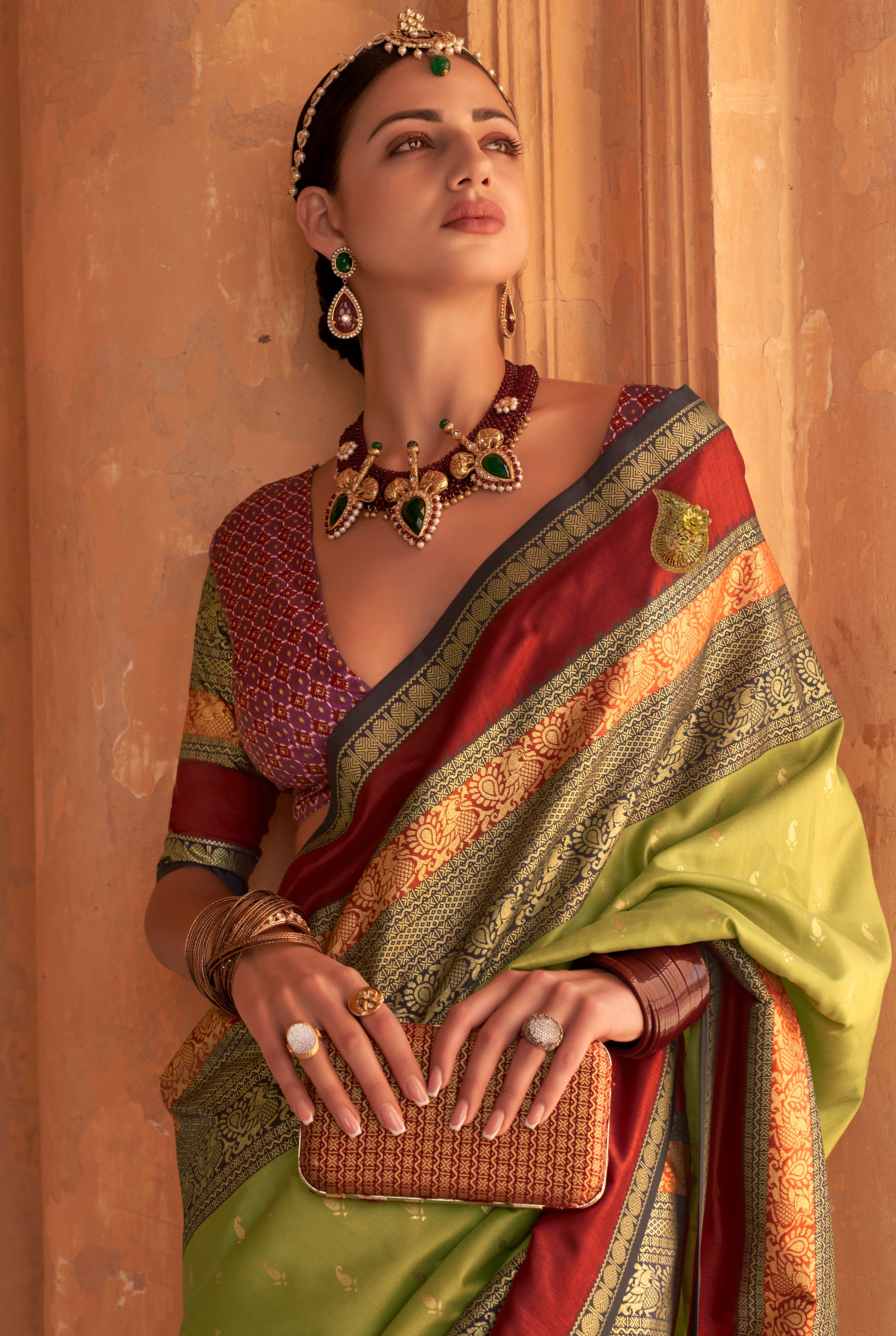 Parrot Green Silk Saree with  Jacquard Woven Work