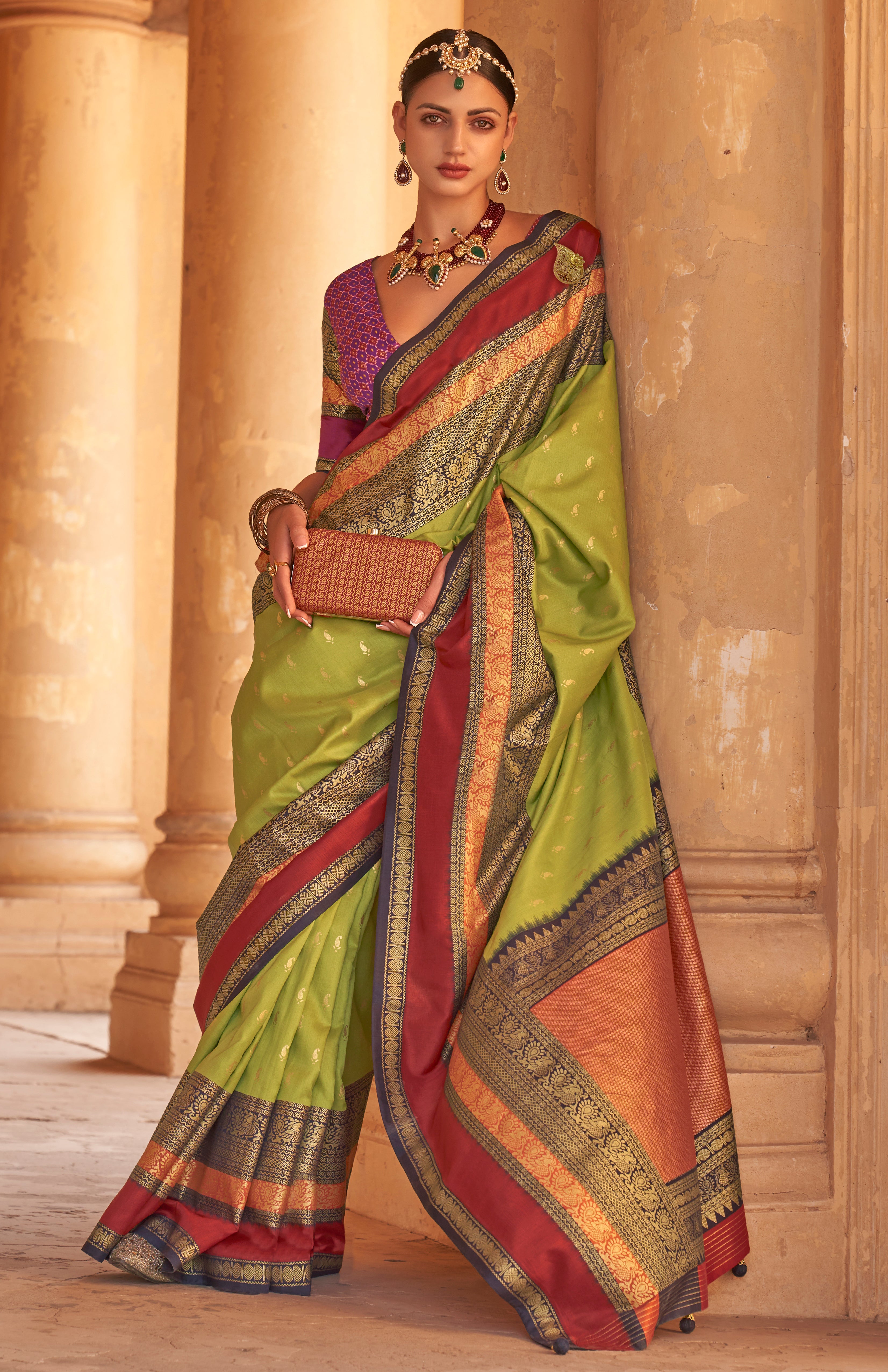 Parrot Green Silk Saree with  Jacquard Woven Work