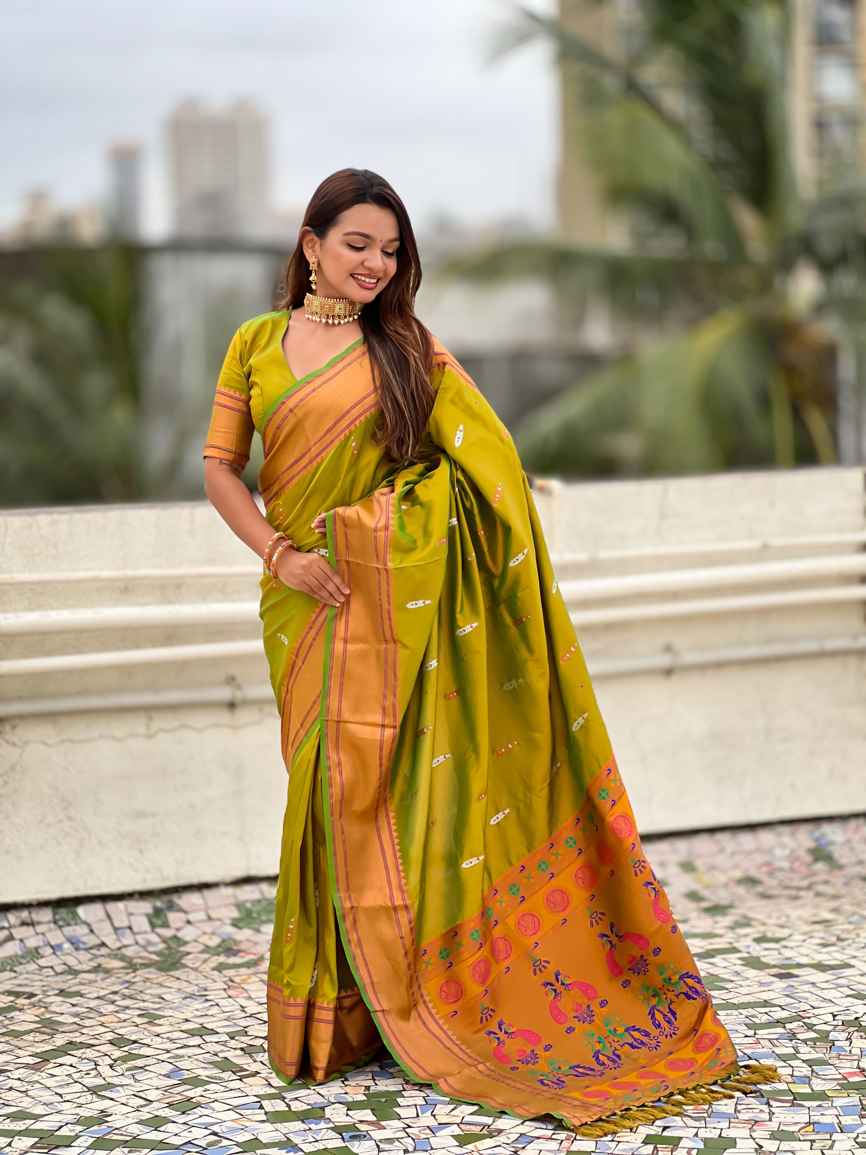 Parrot Green Soft Silk Woven Meenakari Designer Rich Looks Saree