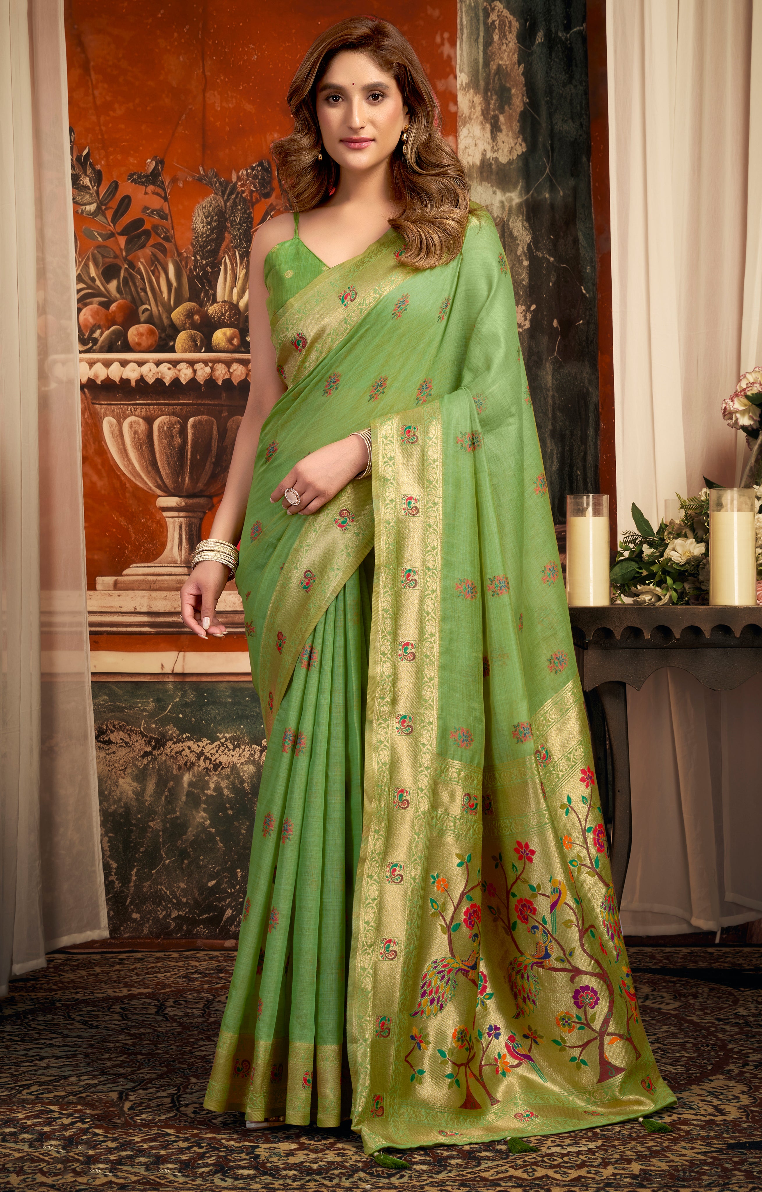 Parrot Green Super Kota Saree with Premium Paithani Work