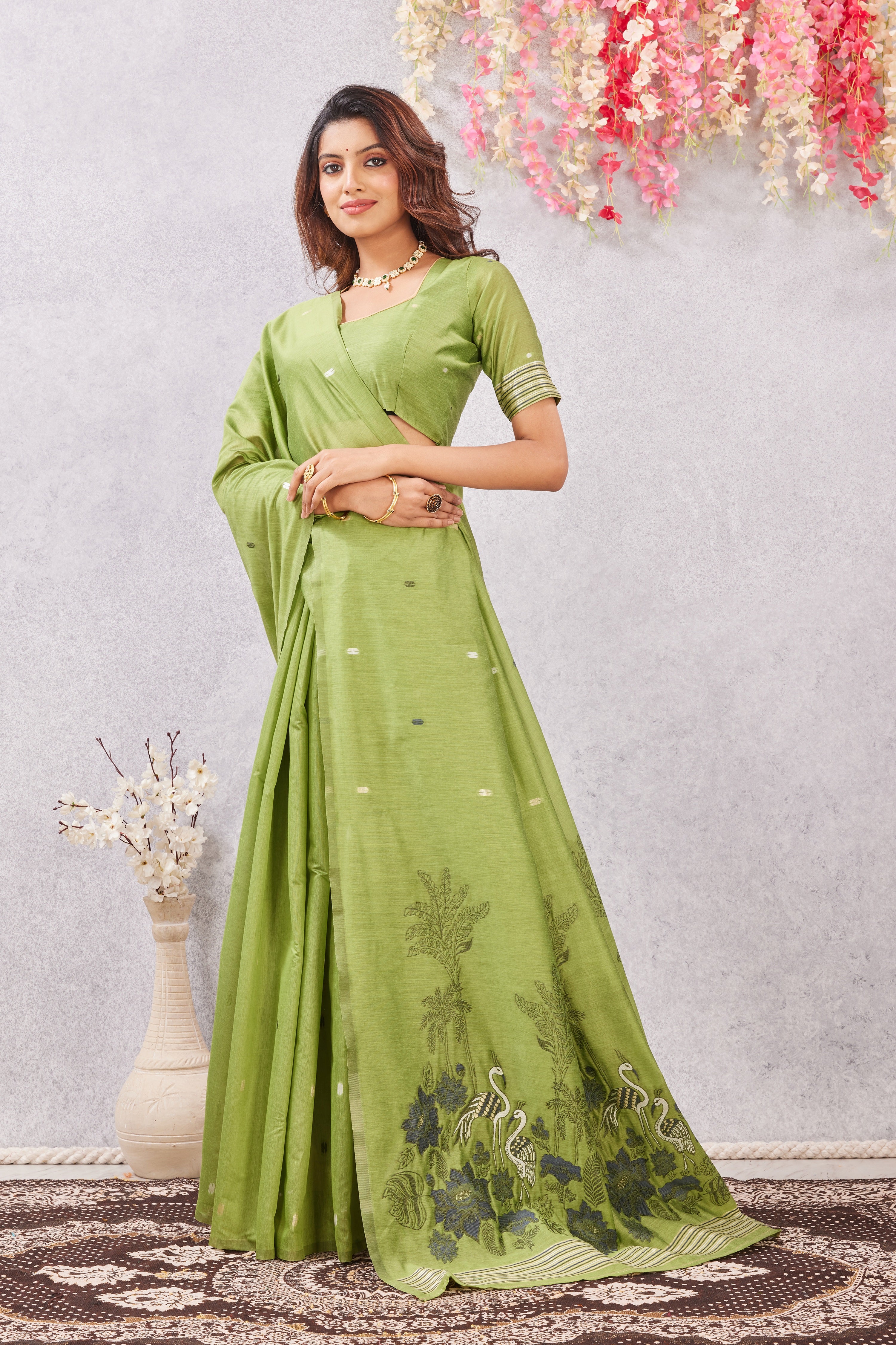 Parrot Linen Cotton Saree with Ethnic Motif Design & Rich Jacquard Pallu
