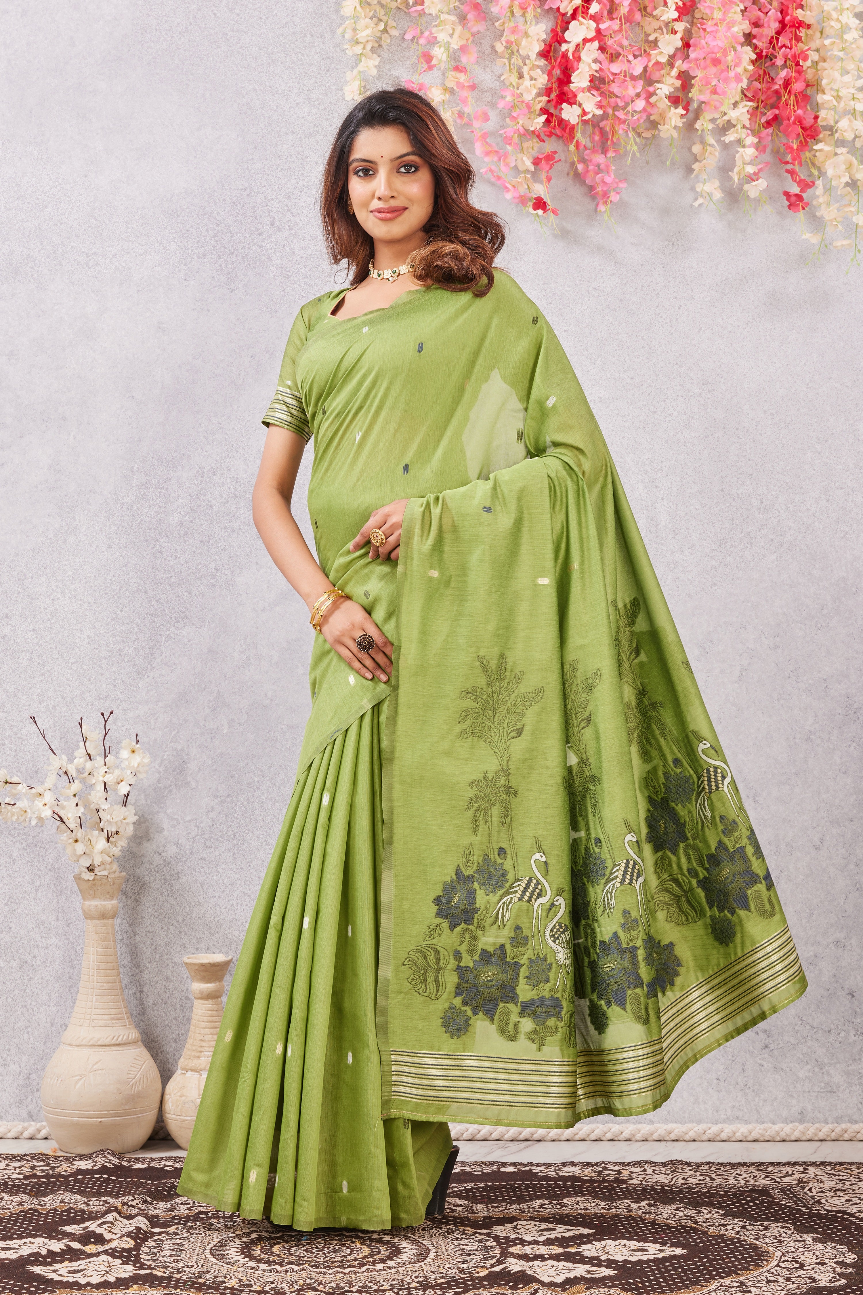 Parrot Linen Cotton Saree with Ethnic Motif Design & Rich Jacquard Pallu