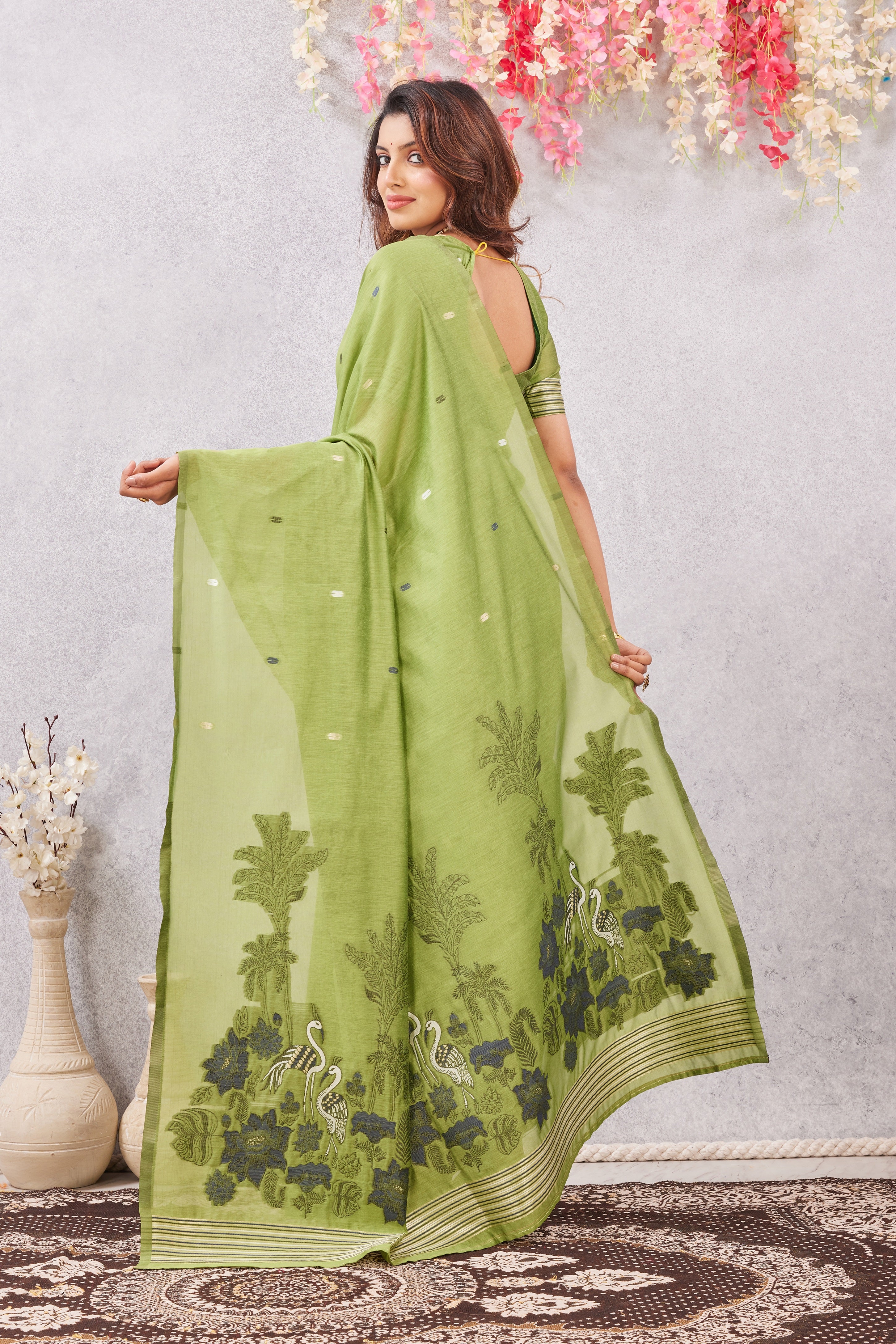 Parrot Linen Cotton Saree with Ethnic Motif Design & Rich Jacquard Pallu