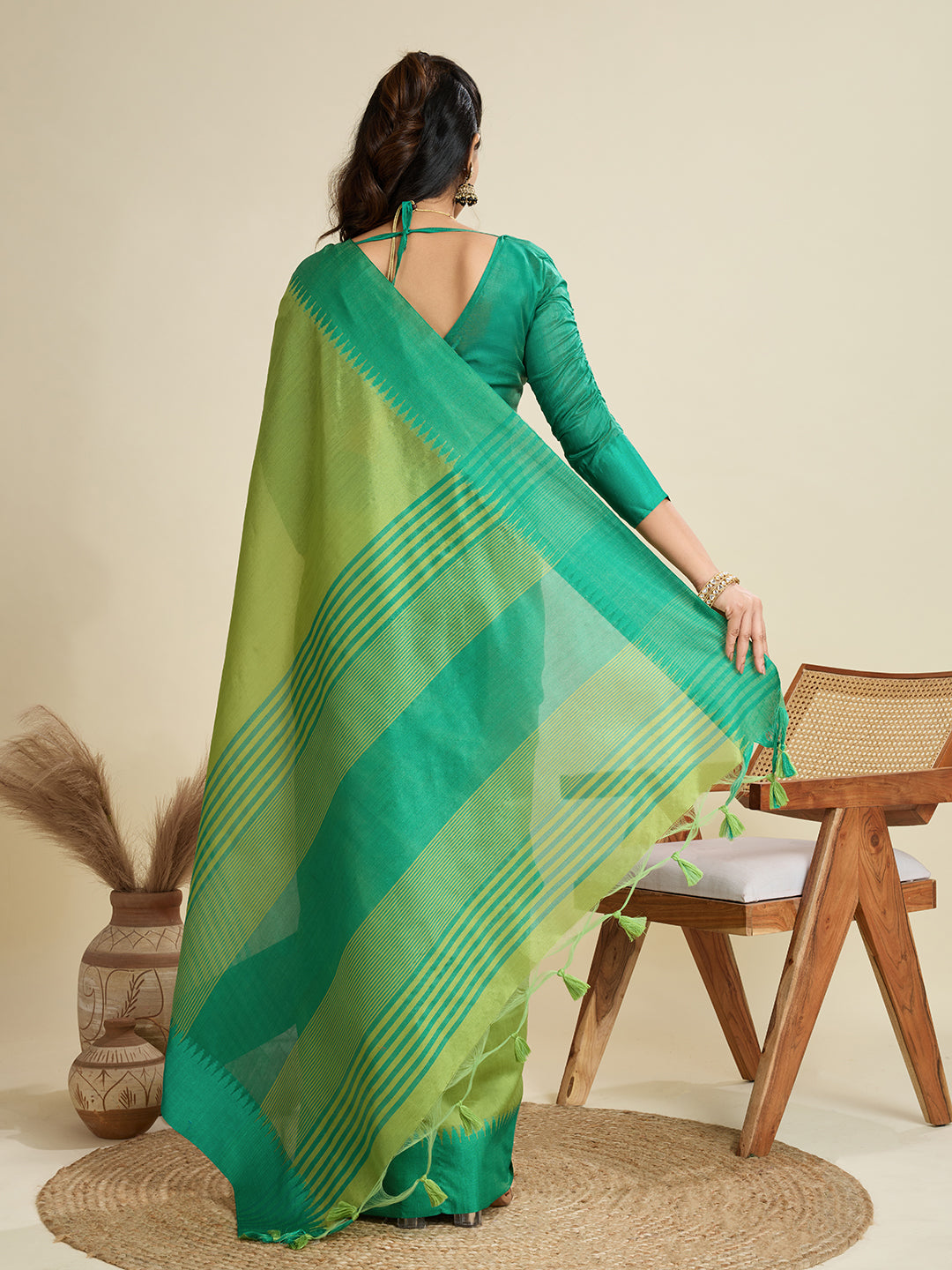 Parrot Raw Silk Saree with Temple Border and Striped Pallu