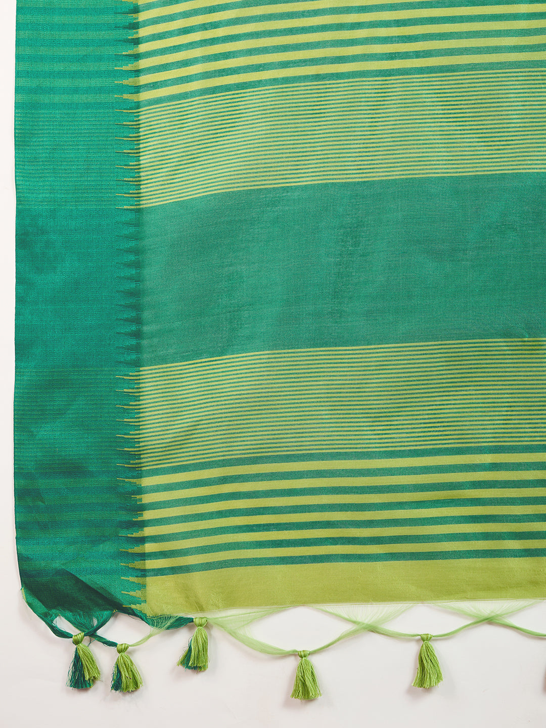 Parrot Raw Silk Saree with Temple Border and Striped Pallu