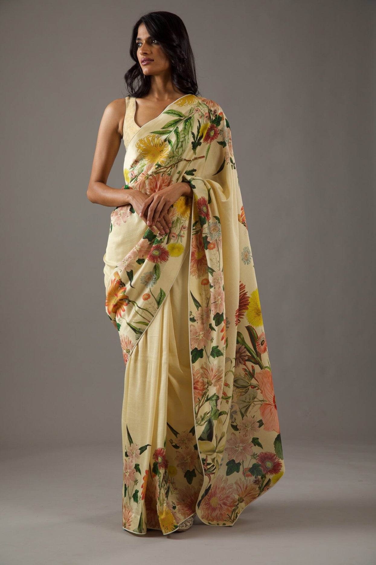 Pastel Bright Moss Saree With Printed