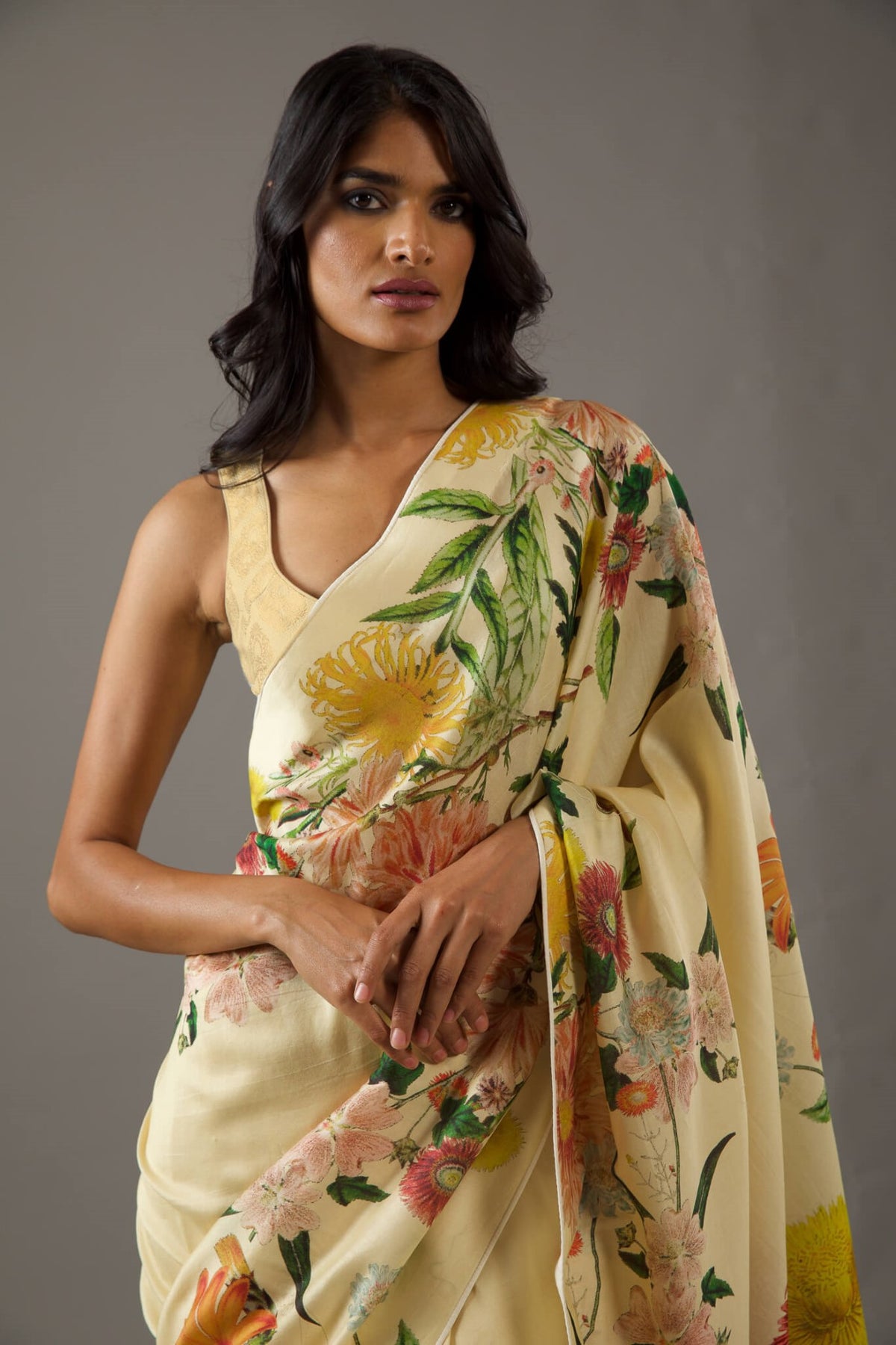 Pastel Bright Moss Saree With Printed
