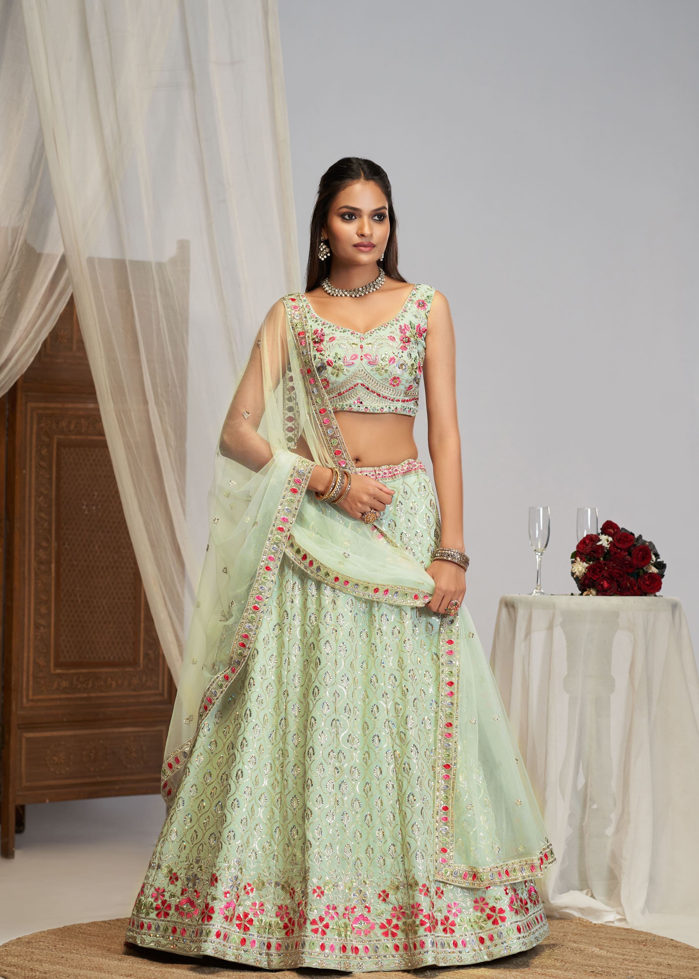 Pastel Green Thread Embroidery Work Lehenga