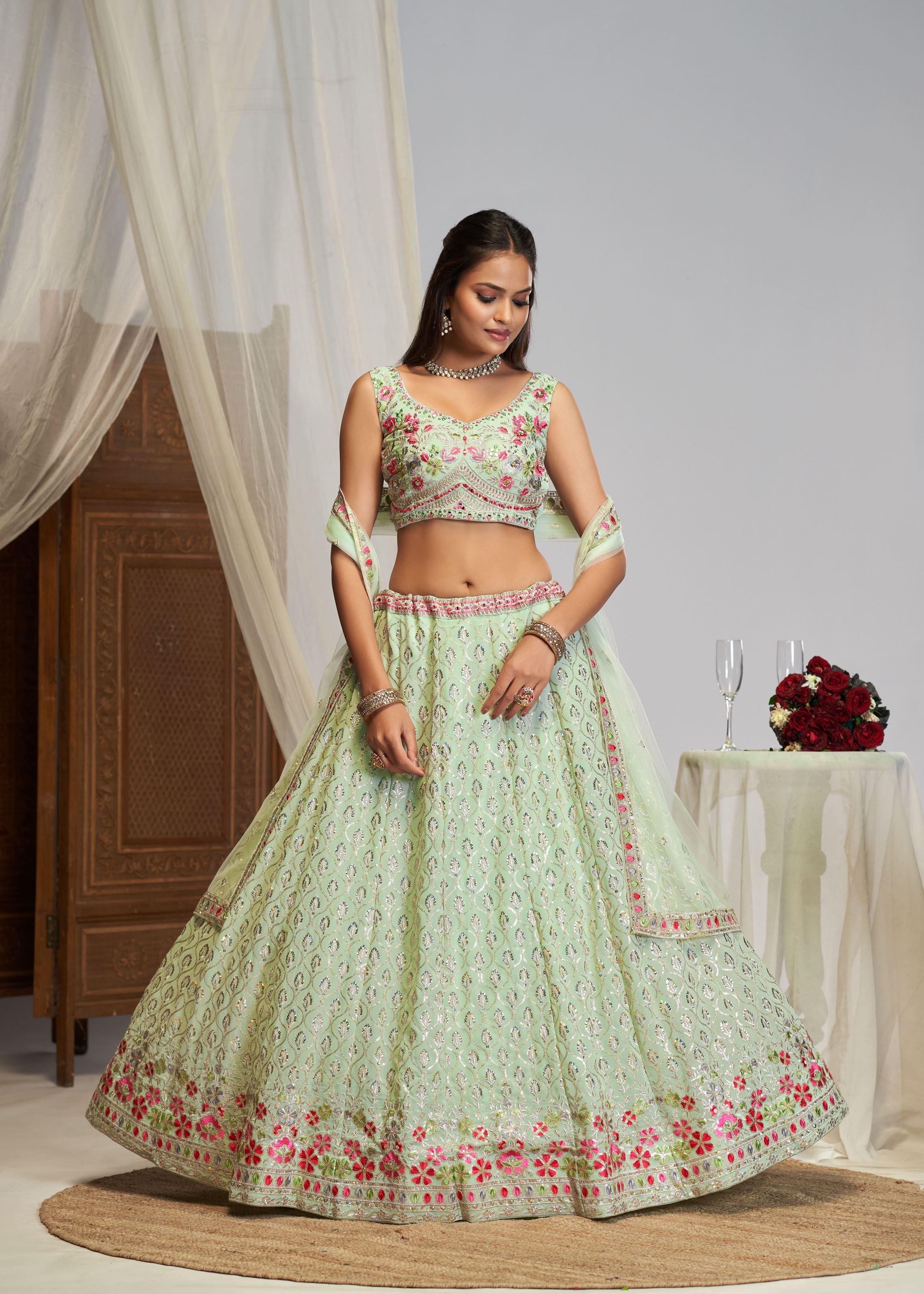 Pastel Green Thread Embroidery Work Lehenga