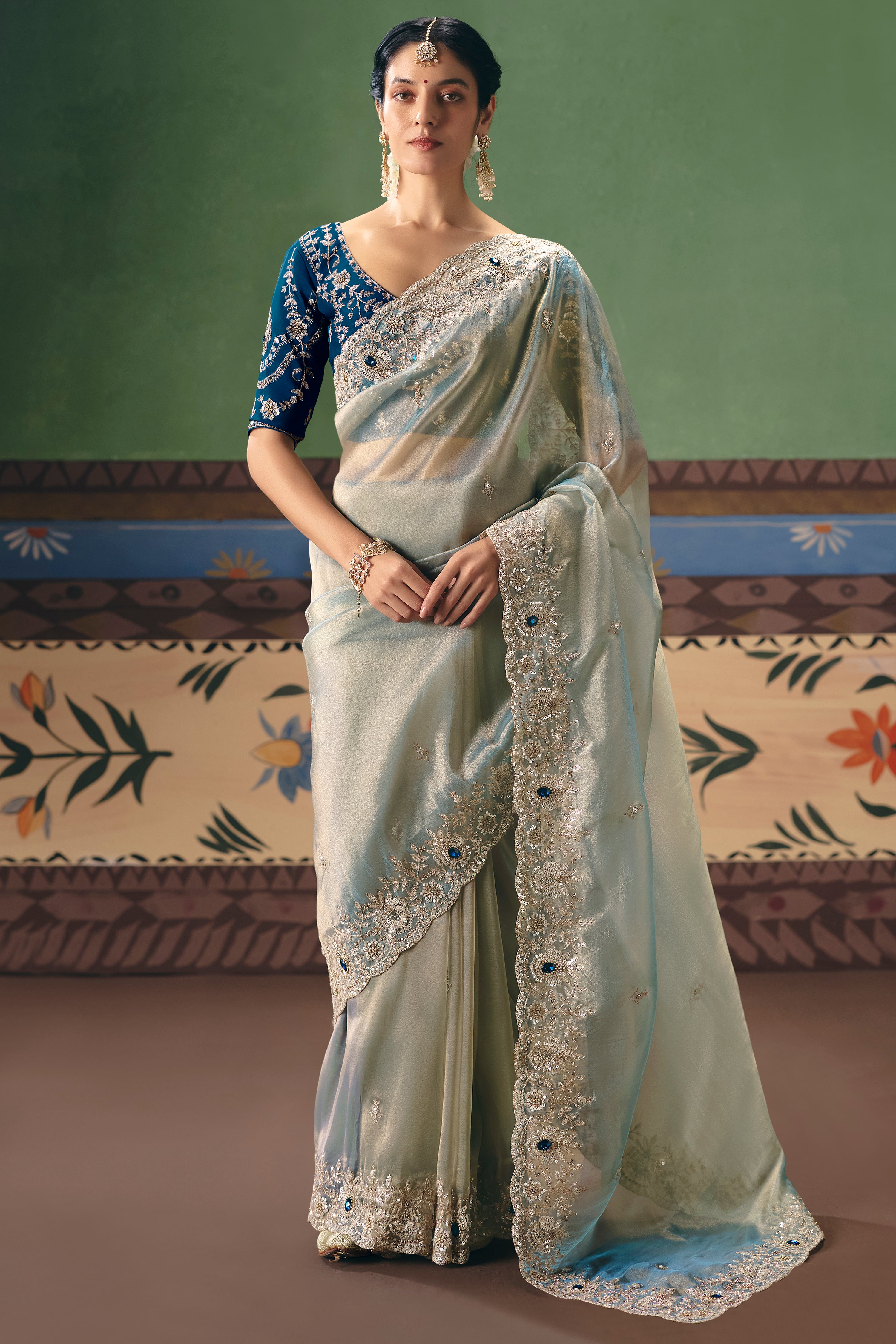 Pastel Mint Saree With  Heavy Designer Embroidery, Sequince, Stone, Pearl With Beads Work