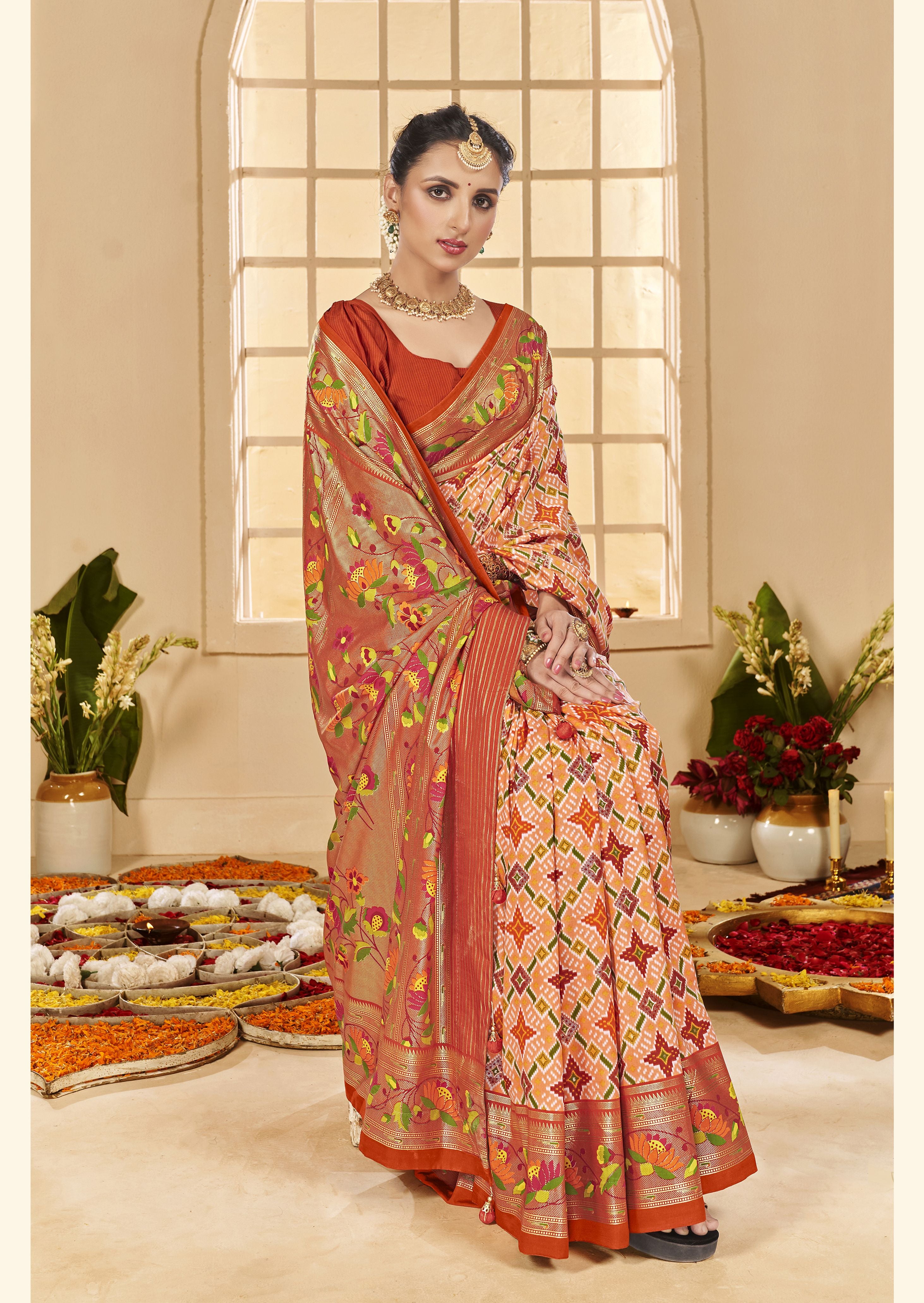Pastel Orange Ethnic Woven Border Designer With Ikkat Printed Cotton Silk Saree