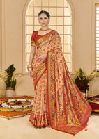 Pastel Orange Ethnic Woven Border Designer With Ikkat Printed Cotton Silk Saree