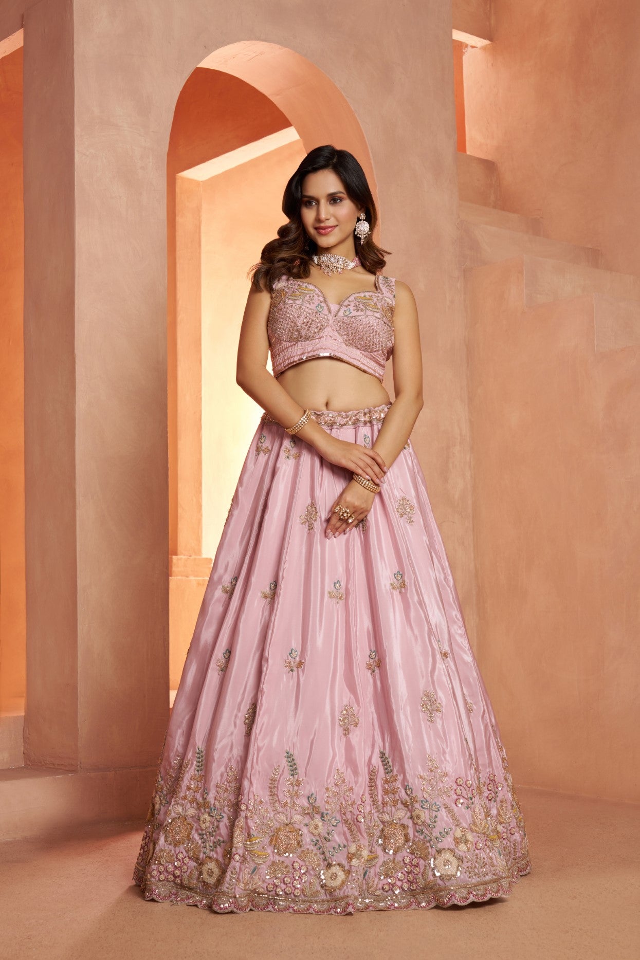 Pastel Pink HO Silk Floral Embroidered Designer Lehenga Set