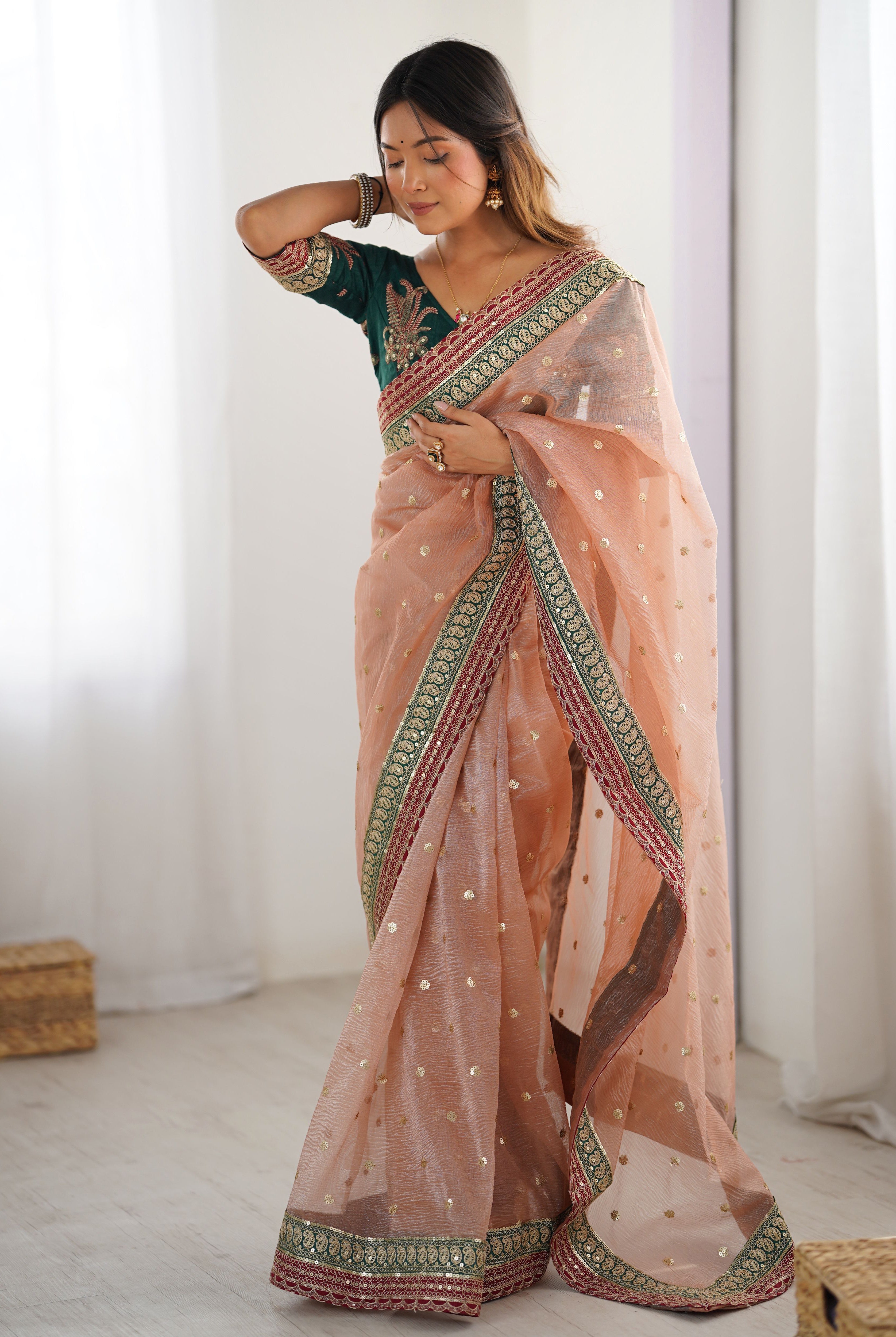 Peach Banarasi Crush Saree with Coding & Sequins Embroidery Work