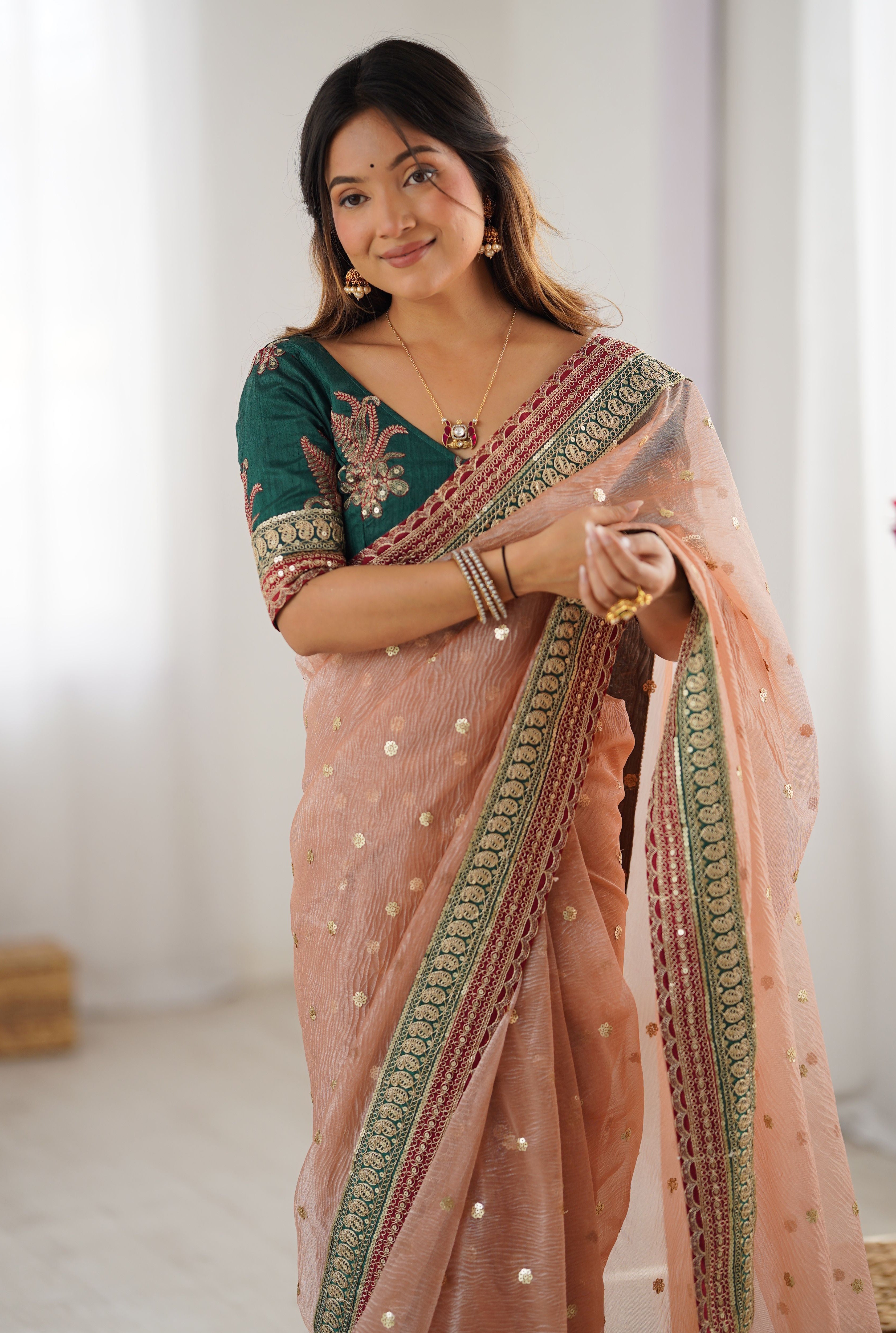 Peach Banarasi Crush Saree with Coding & Sequins Embroidery Work