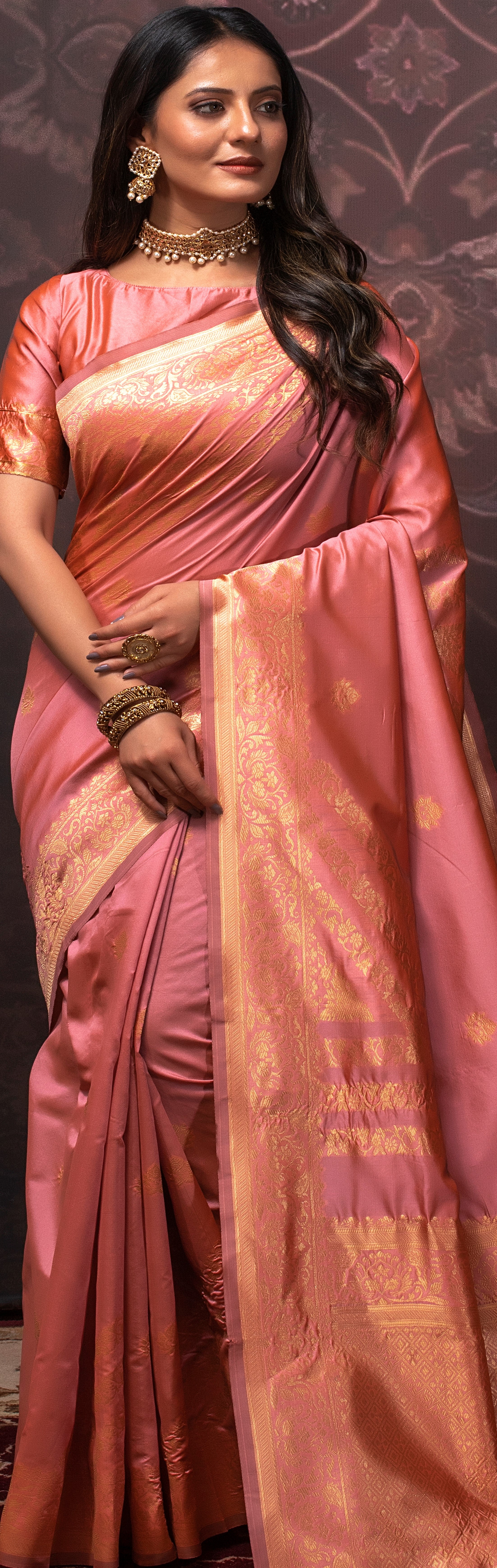 Peach Banarasi Silk Blend Saree with Jacquard Woven Work