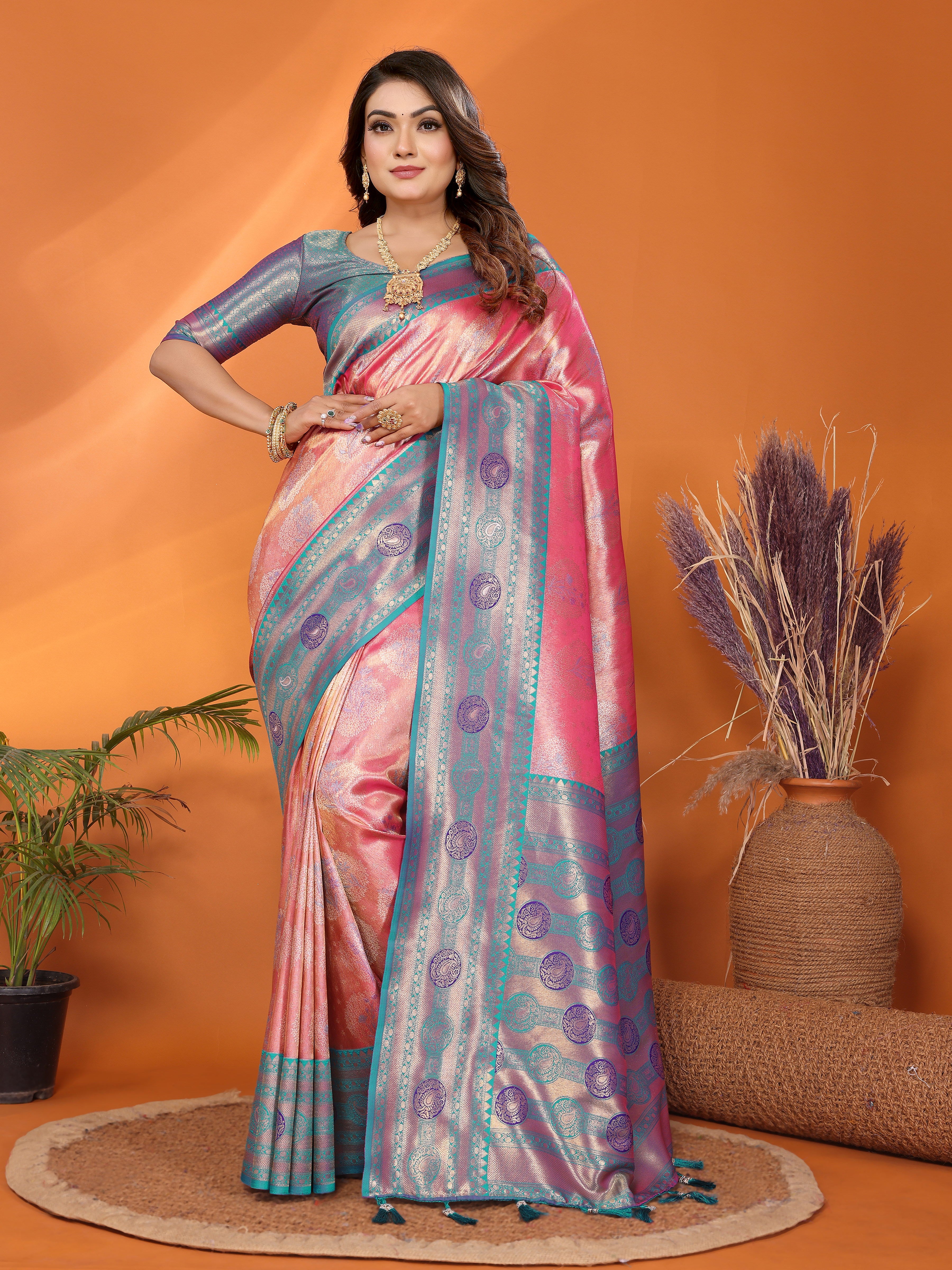 Peach Banarasi Tissue Silk Saree With Woven Paithani Designer