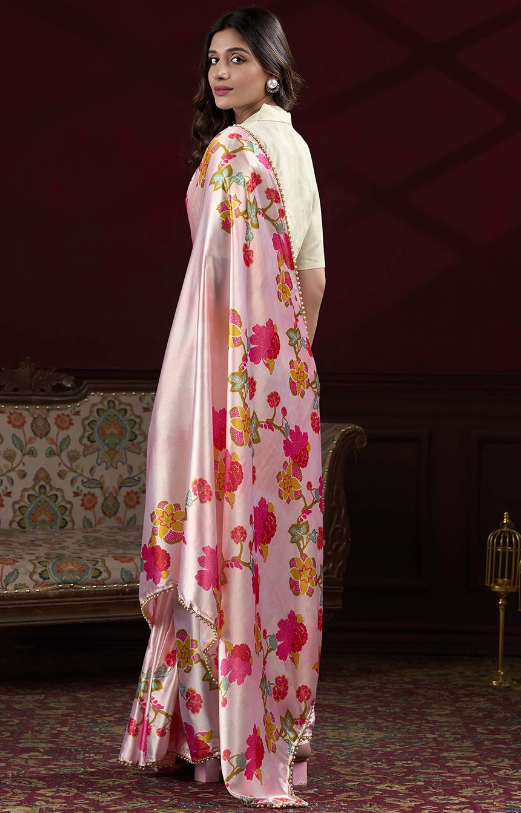 Peach Beautiful Floral Printed Japan Satin Silk Graceful Evening Party Saree