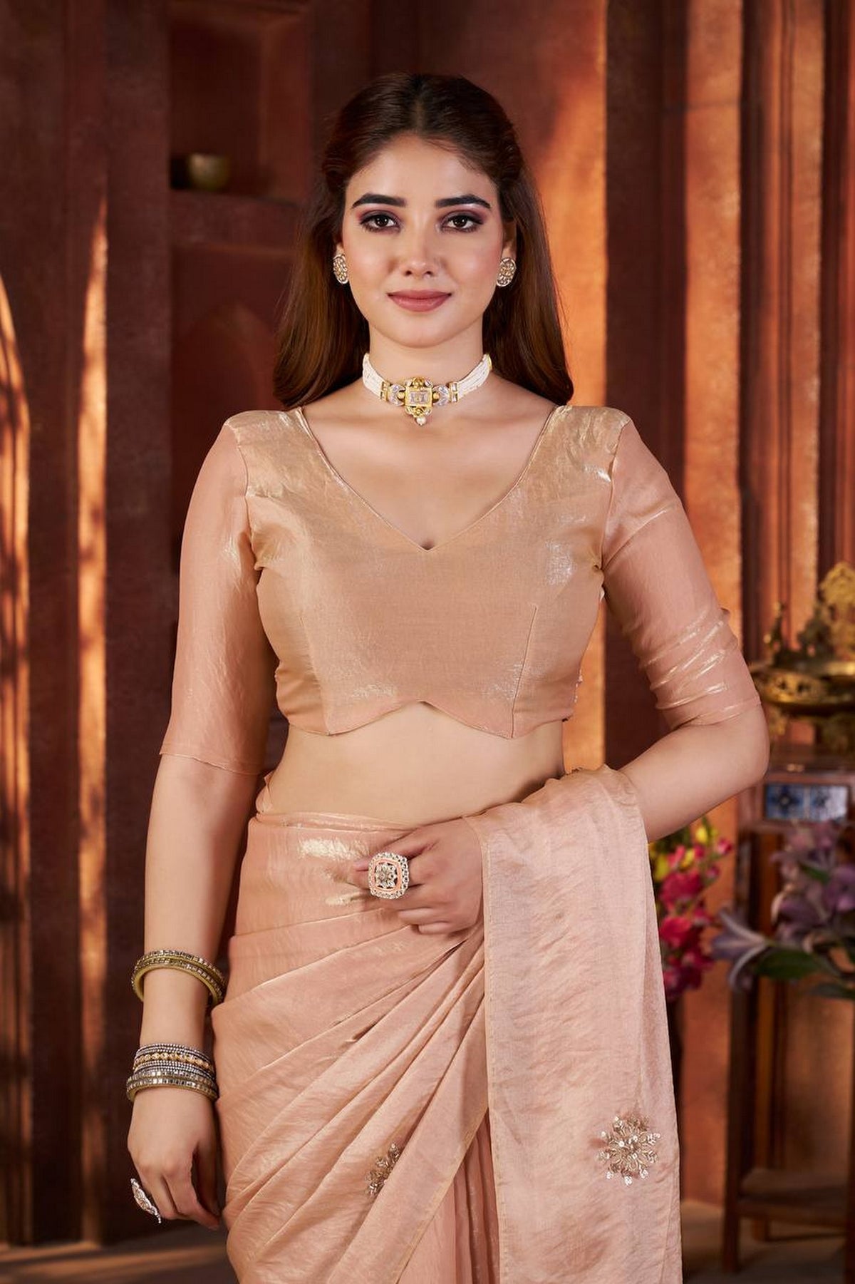 Peach Beautiful Heavy Work Ceremonial Fandy Satin Silk Saree
