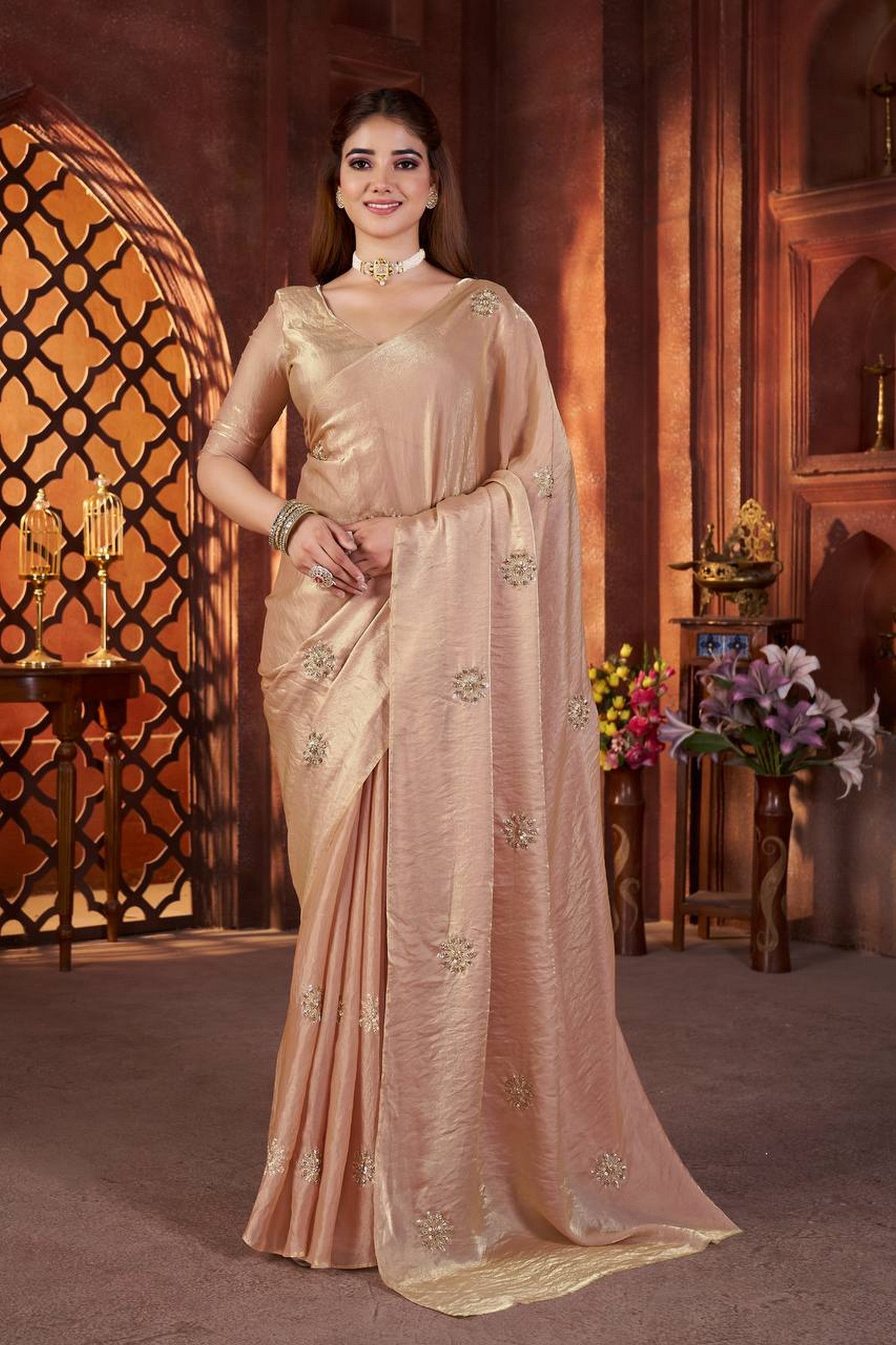 Peach Beautiful Heavy Work Ceremonial Fandy Satin Silk Saree