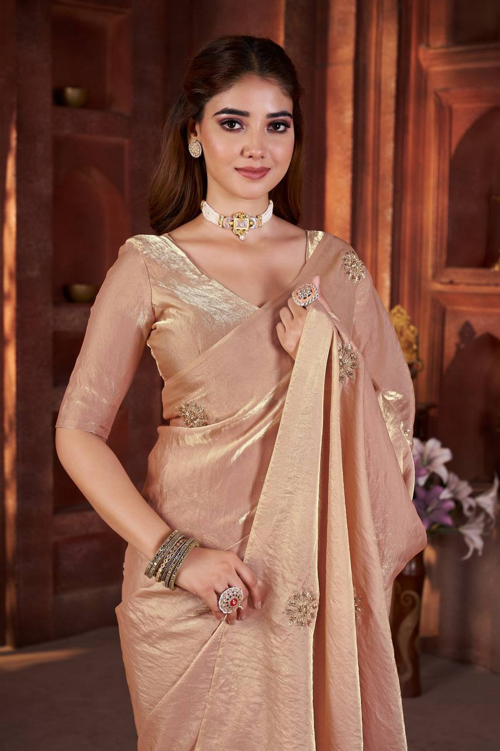 Peach Beautiful Heavy Work Ceremonial Fandy Satin Silk Saree