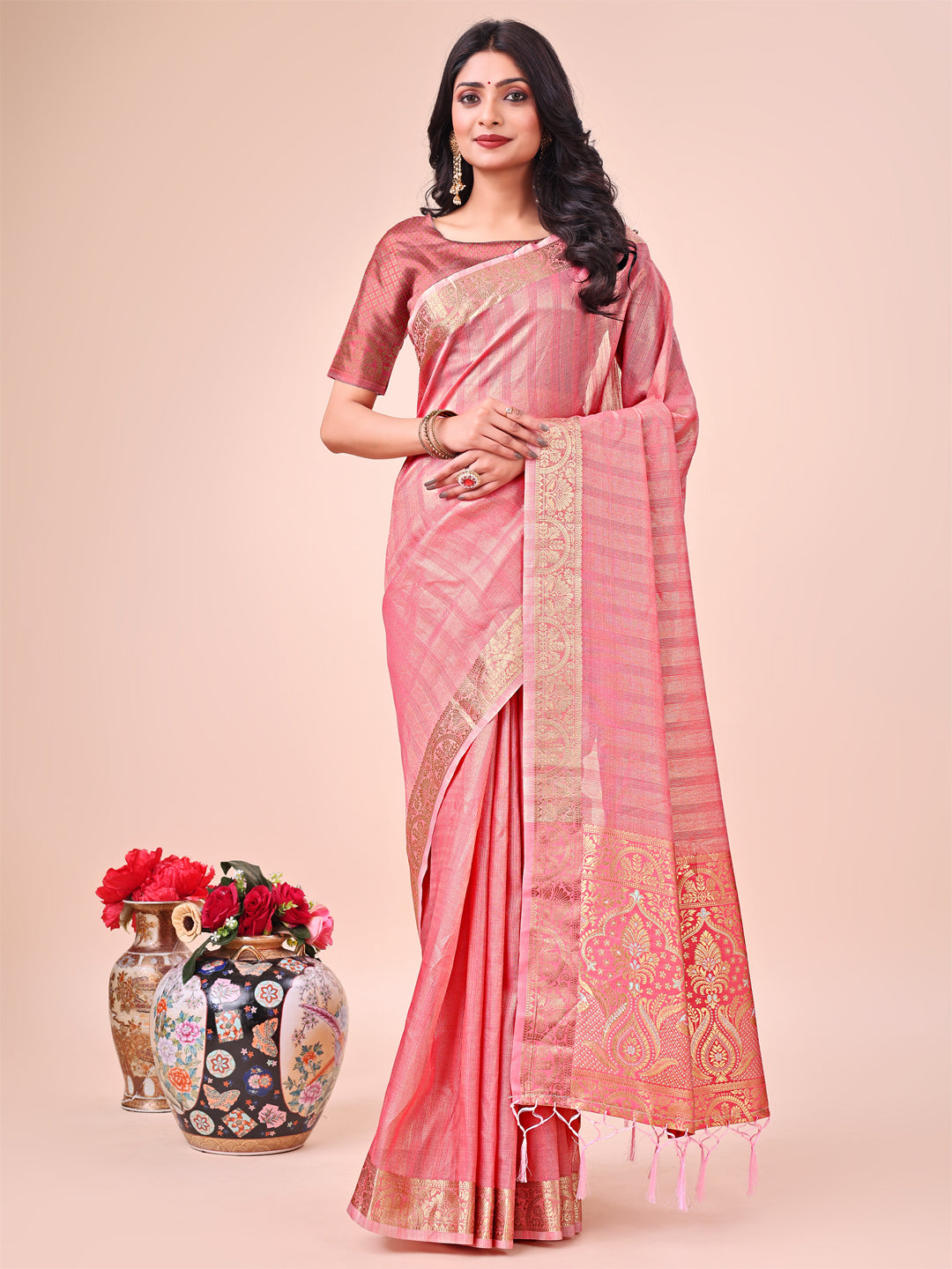 Peach Beautiful Woven Designer Organza Saree