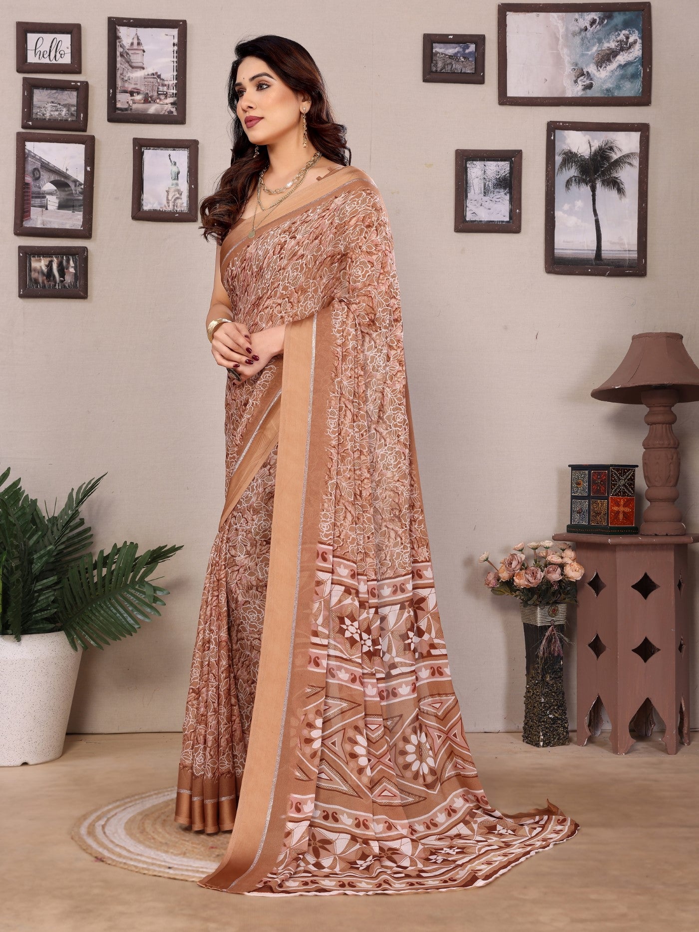 Peach Bright Moss Printed Saree With Zari Work